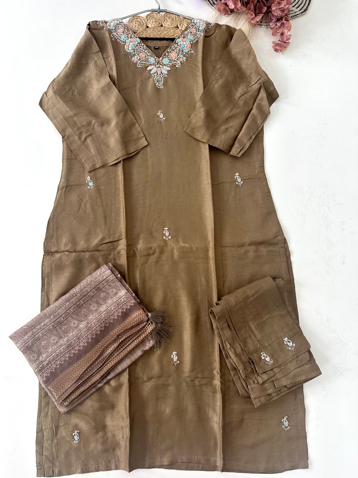 D197 - Dola silk straight kurti with pants and dupatta