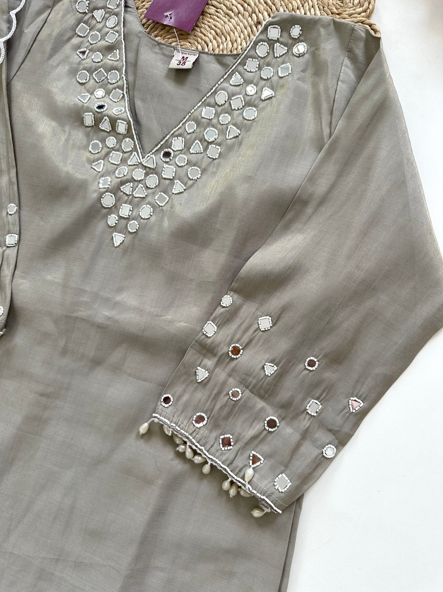 K209 - Shimmer silk mirror work straight Kurti with pants and dupatta in 3 colours