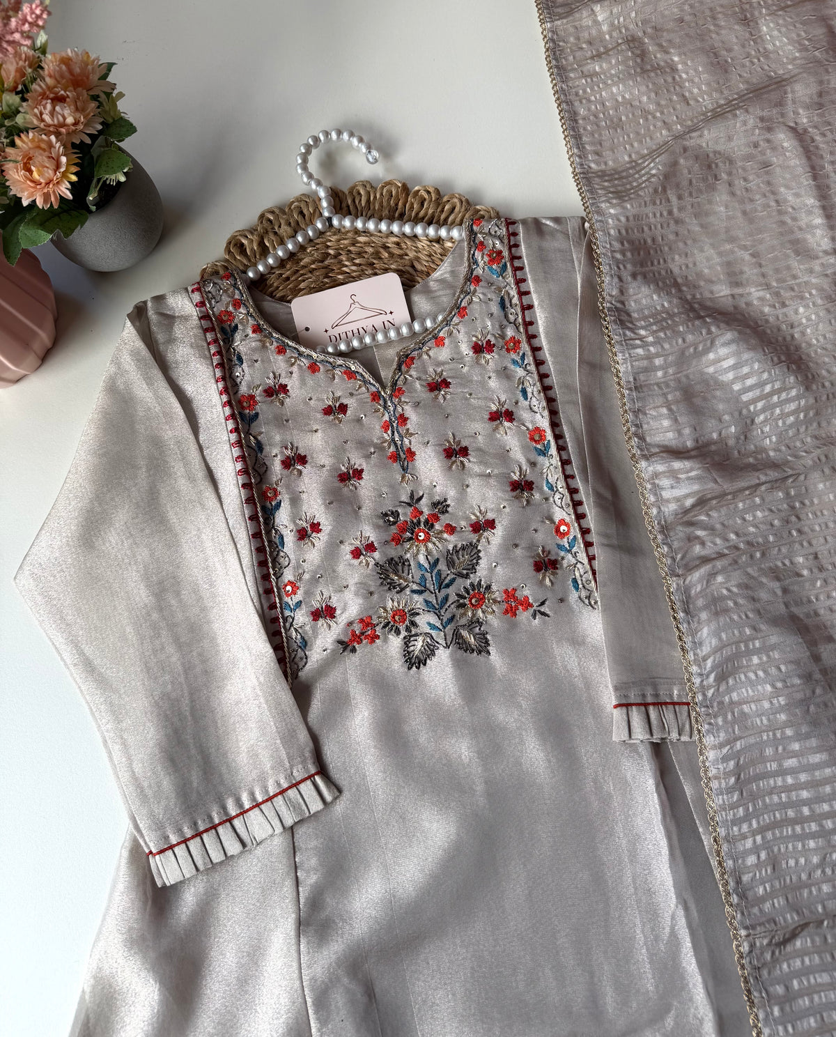 K588 - Kanjivaram Tissue silk Aline Kurti with pants and dupatta