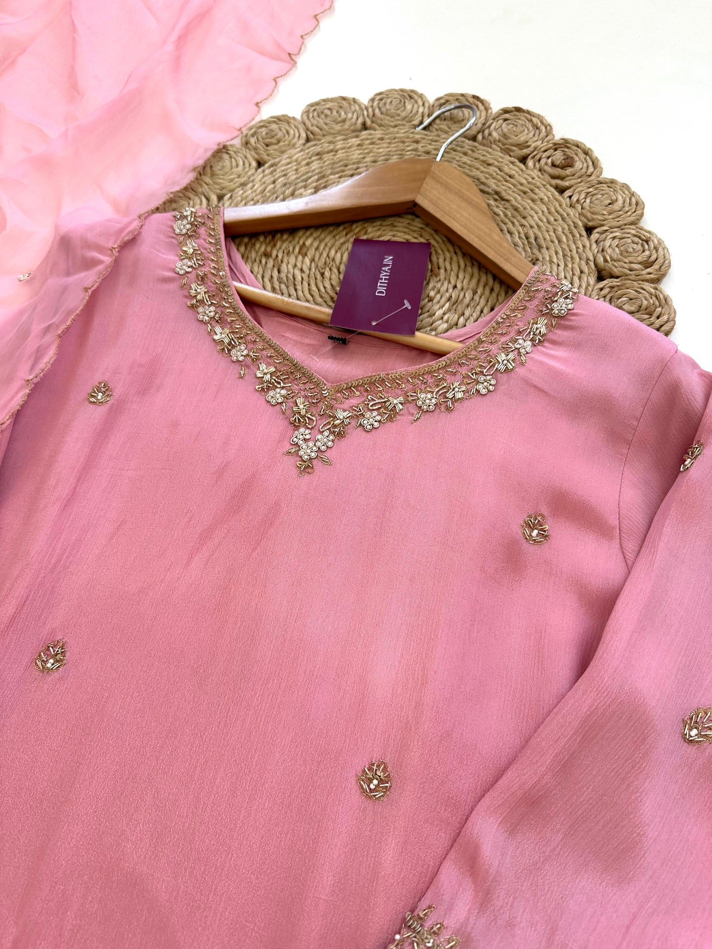 K075 - Chinnon Handwork straight short kurti with sharara and dupatta.