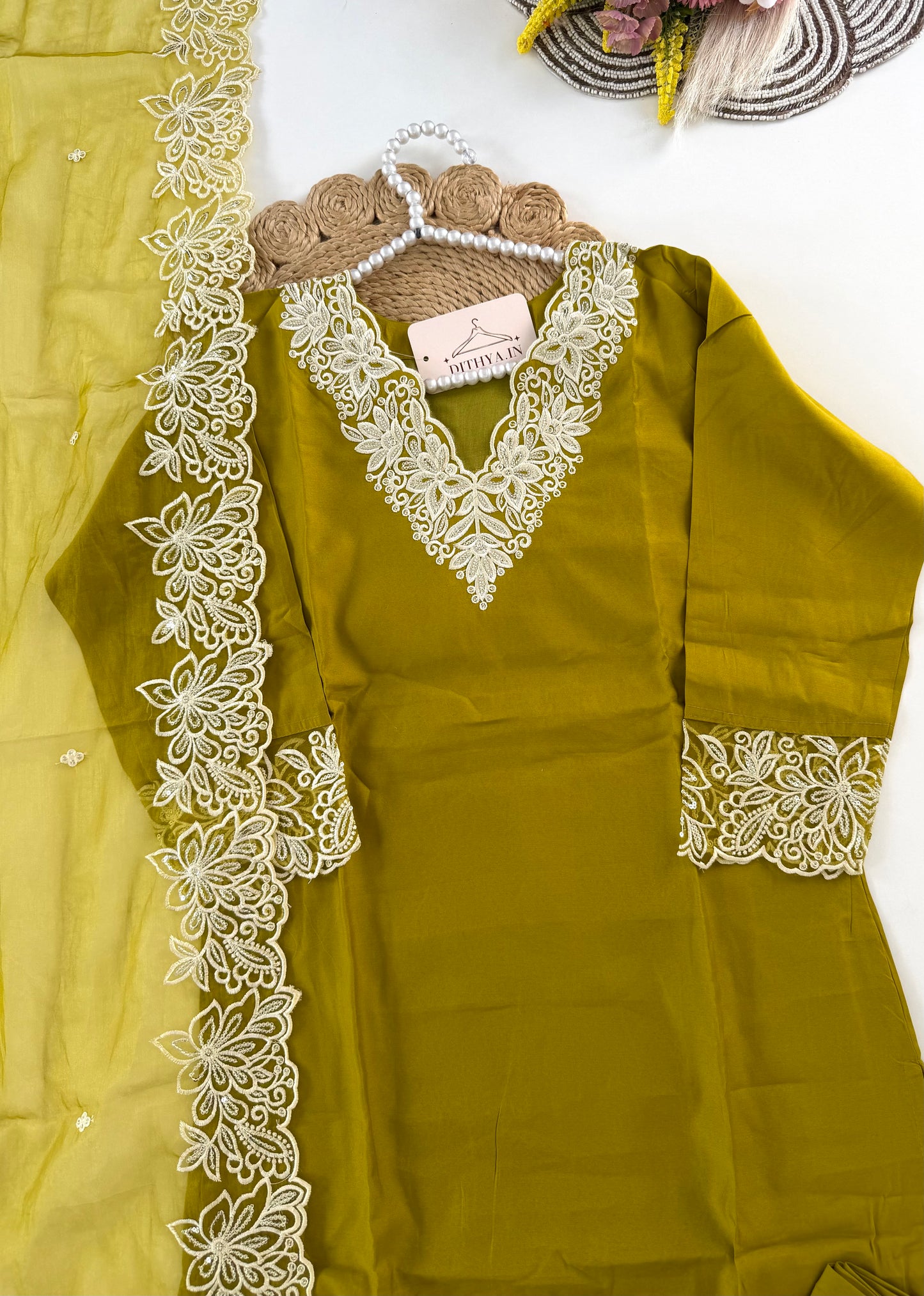 K516 - Roman silk embroidered straight Kurti with pants and dupatta