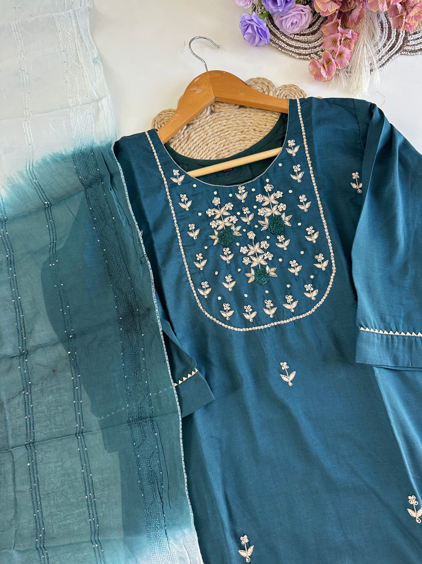 D390-Roman silk straight kurti with pants and dupatta