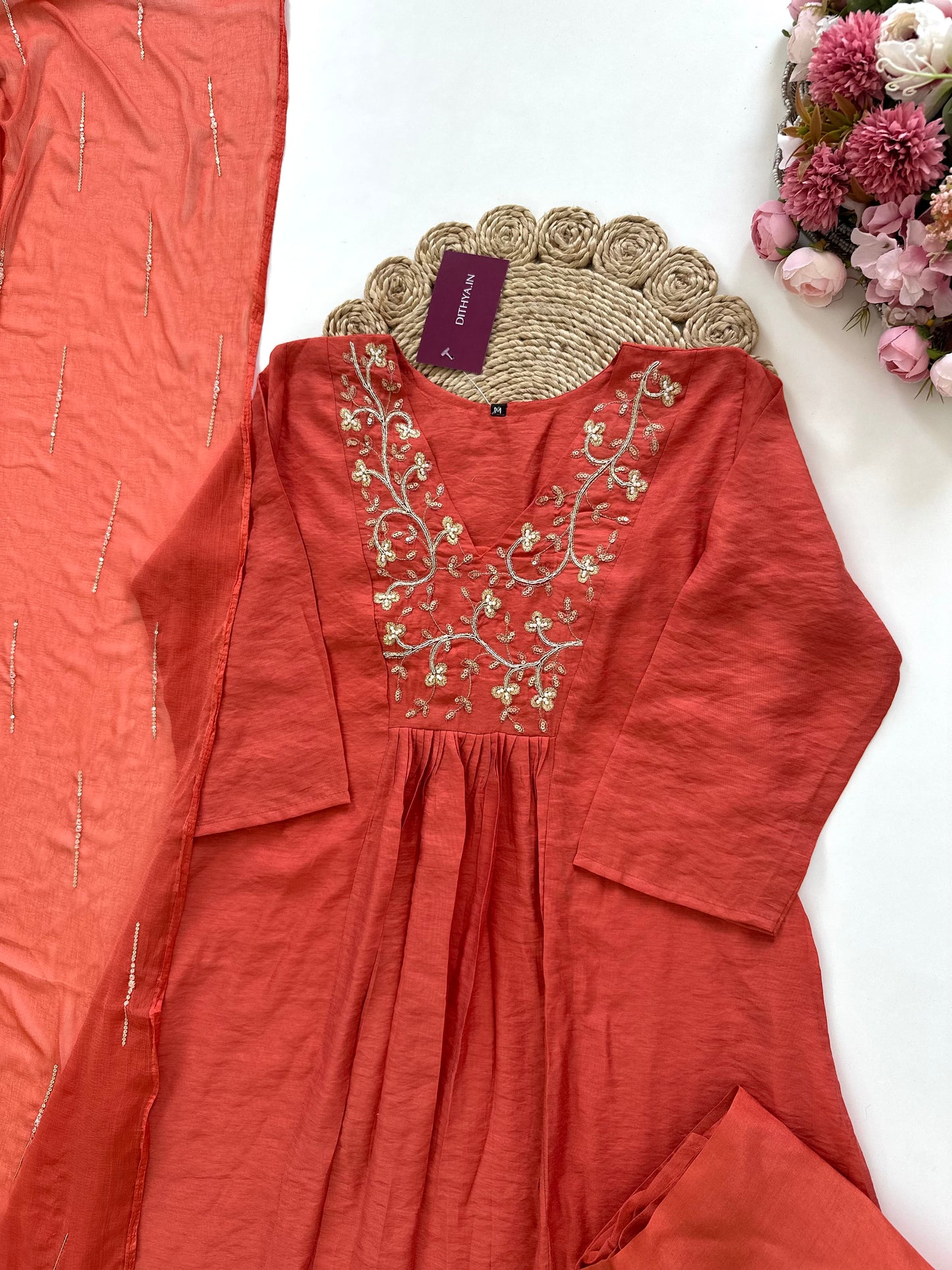 K056 - Mul Rayon handwork Anarkali with pants and dupatta in 2 colours