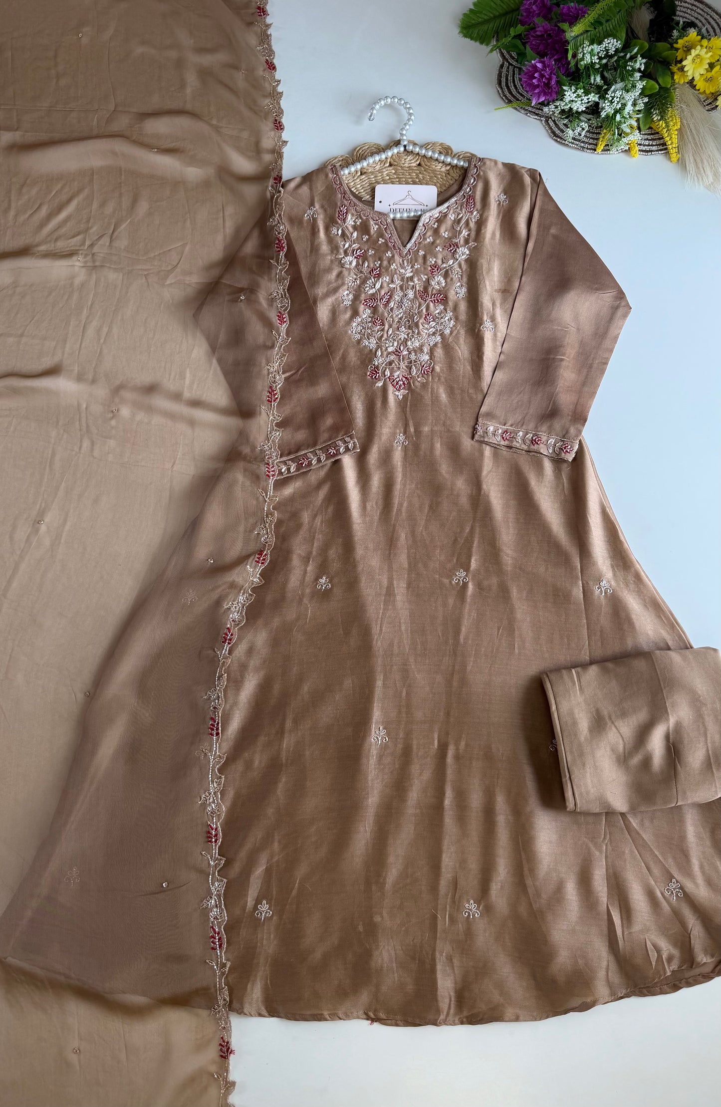 K536 - Titan silk handwork Aline Kurti with pants and dupatta