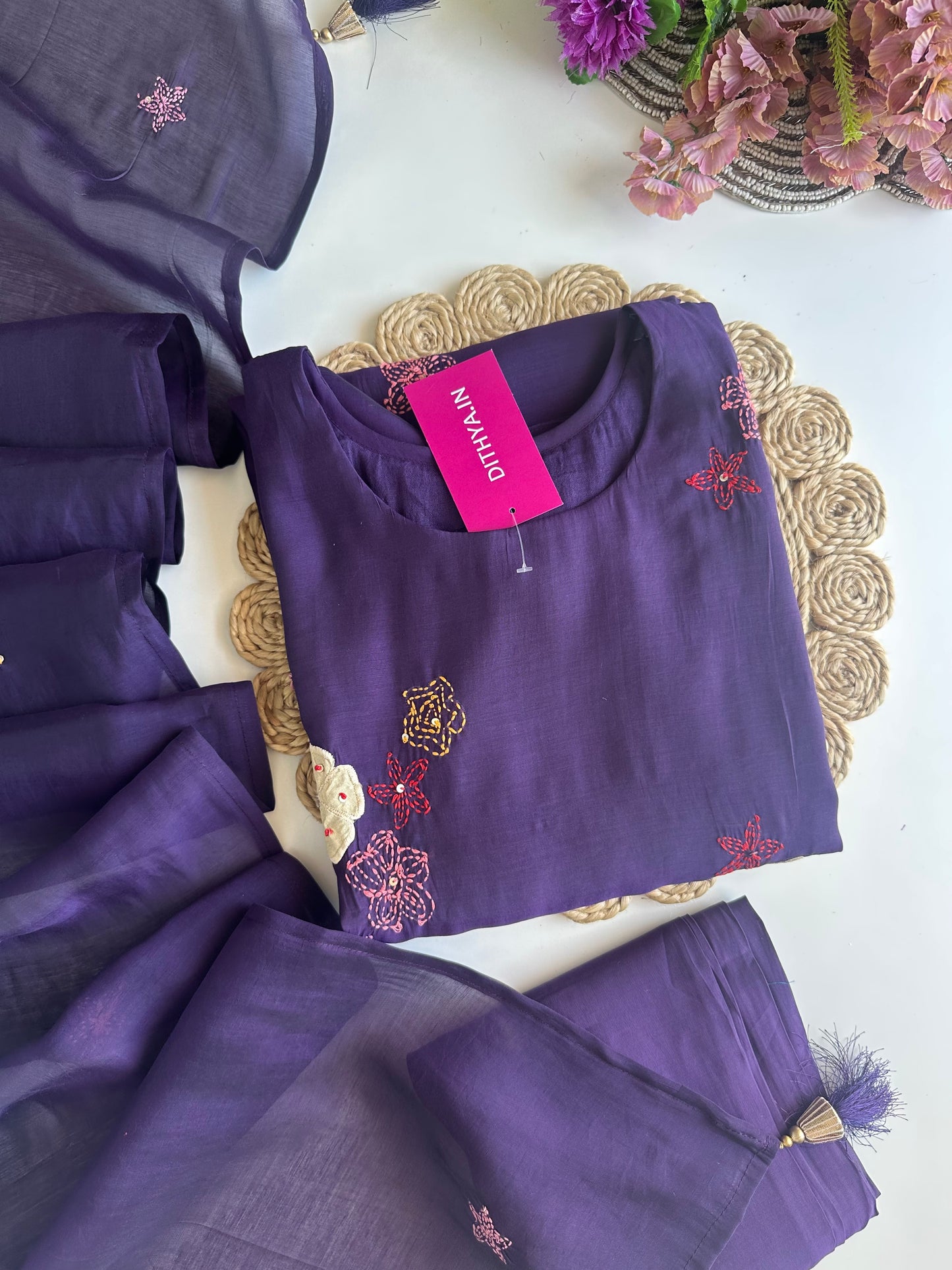 K092 - Mul Chanderi appliqué work Aline Kurti with pants and dupatta