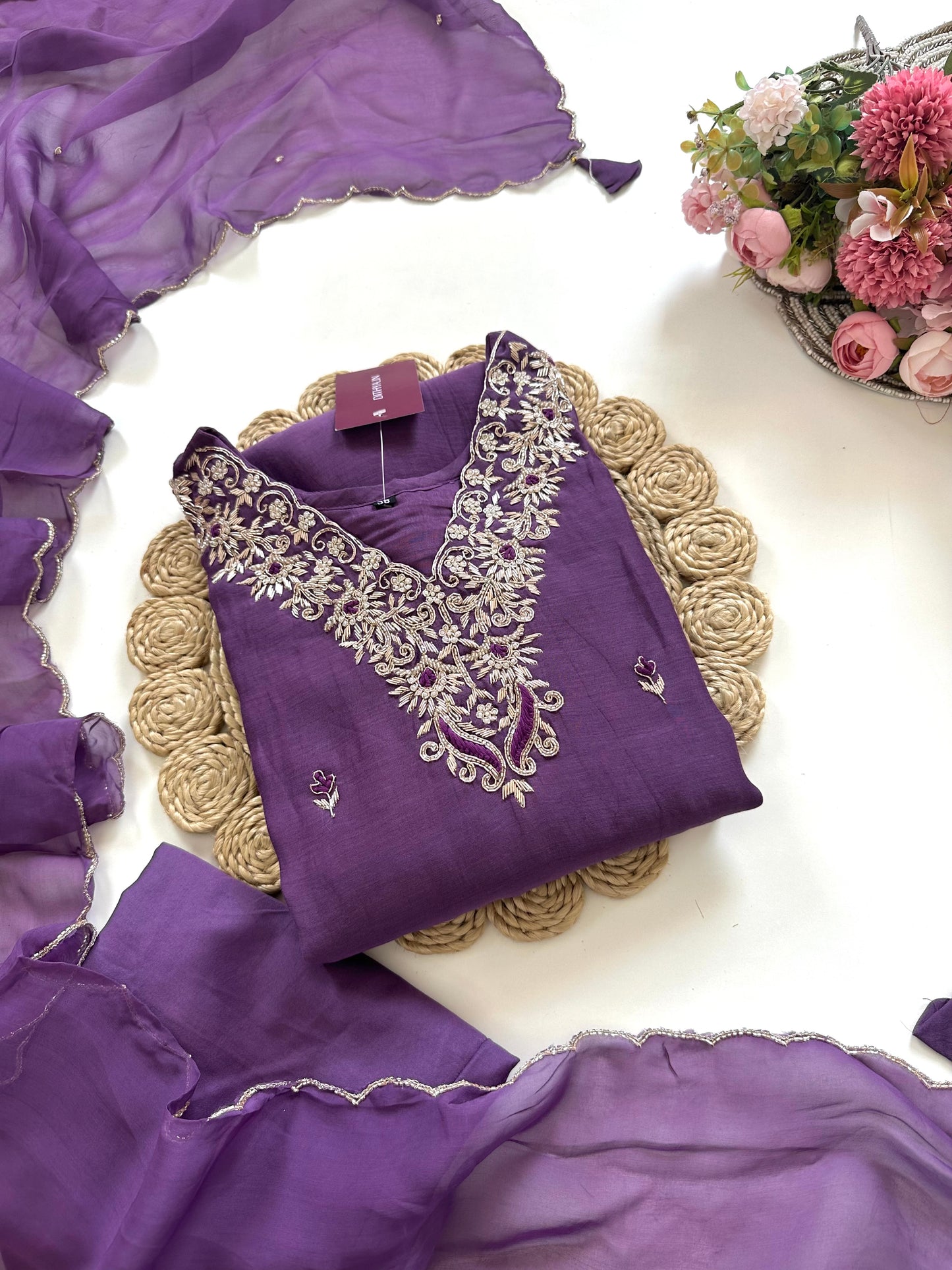 K126 - Zardosi mul Chanderi Aline Kurti with pants and dupatta