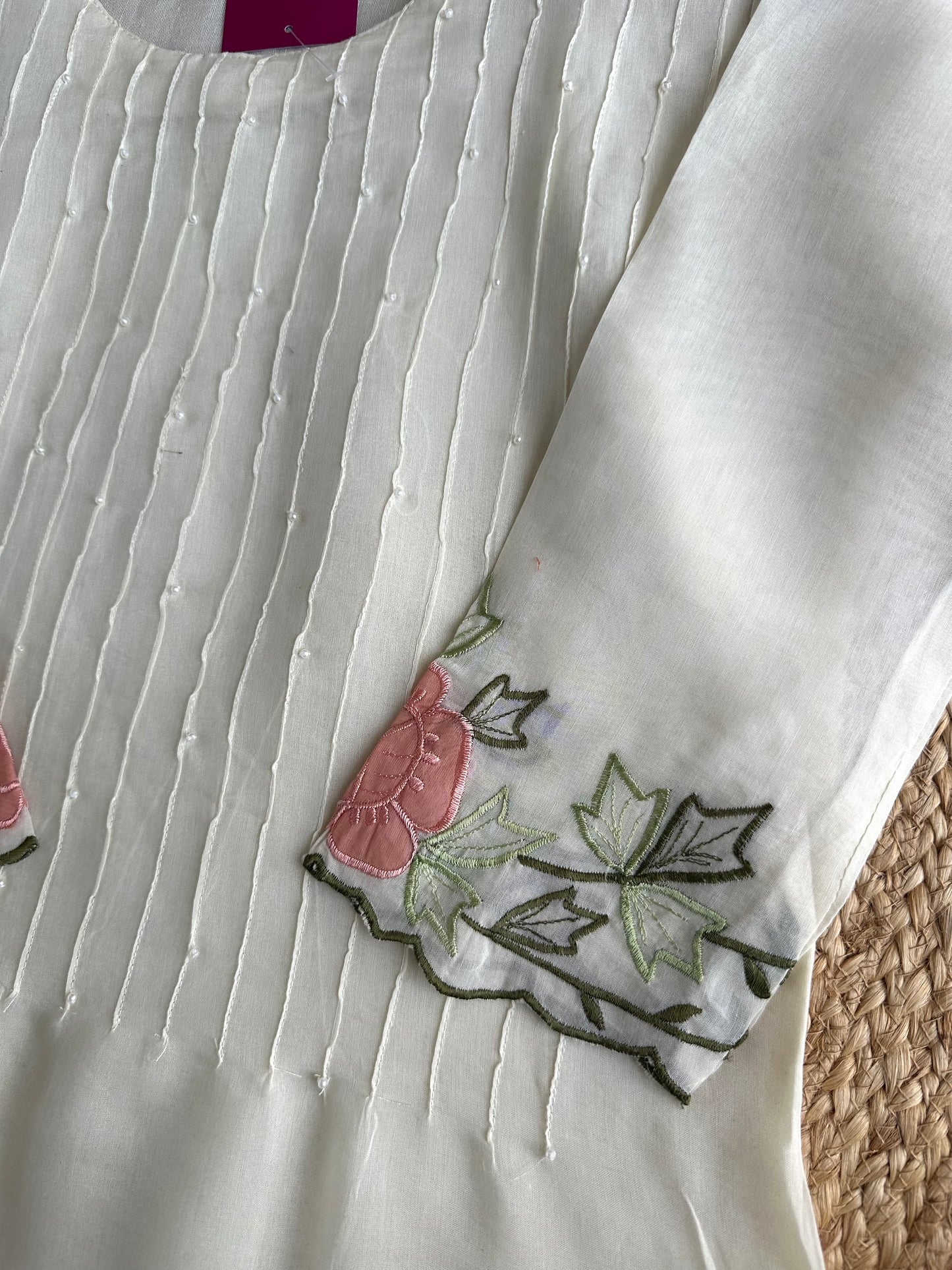 K291 - Mul Chanderi appliqué work Aline Kurti with pants and dupatta