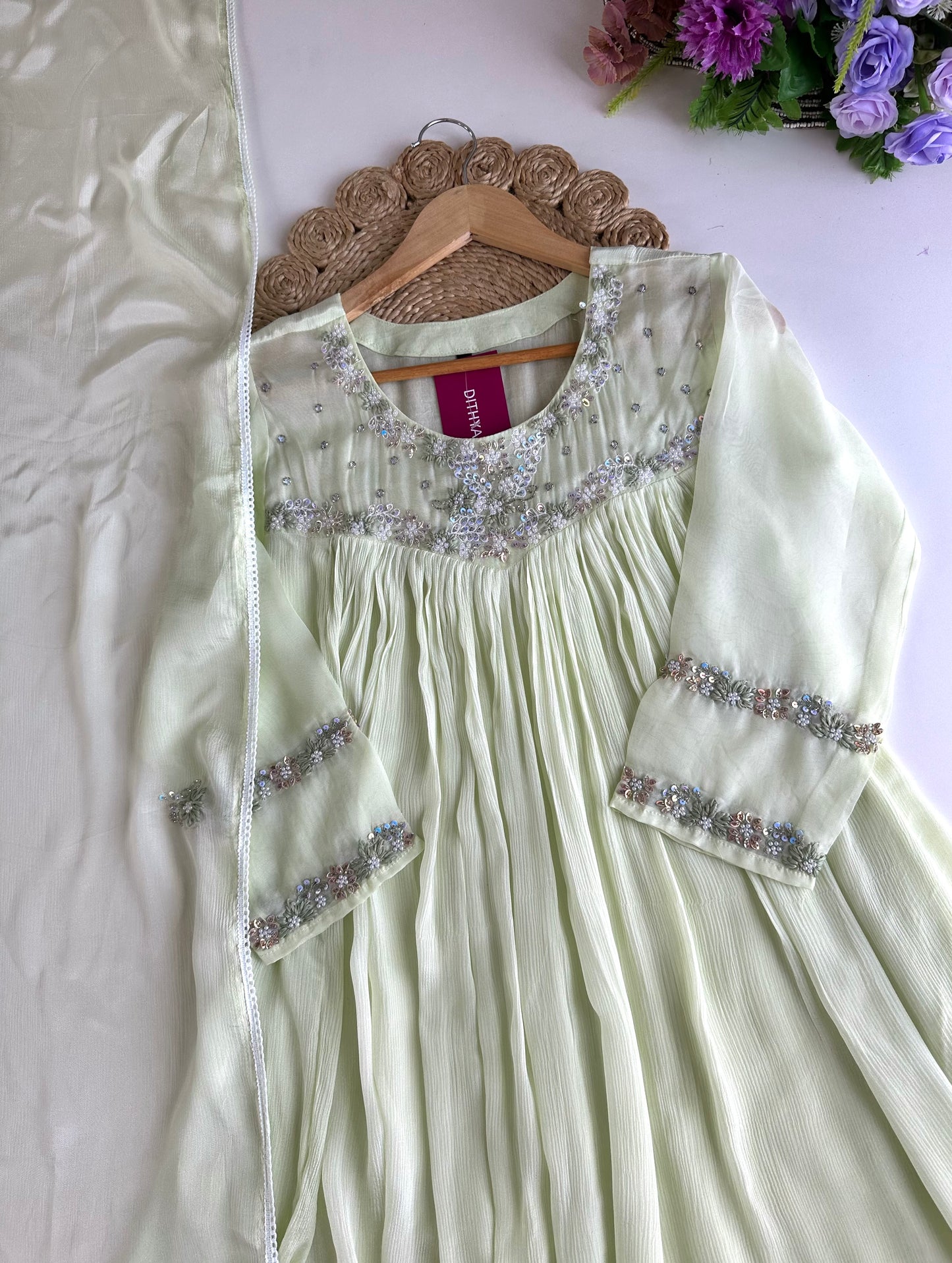 K076 - Pure Chinnon handwork Anarkali with pants and dupatta