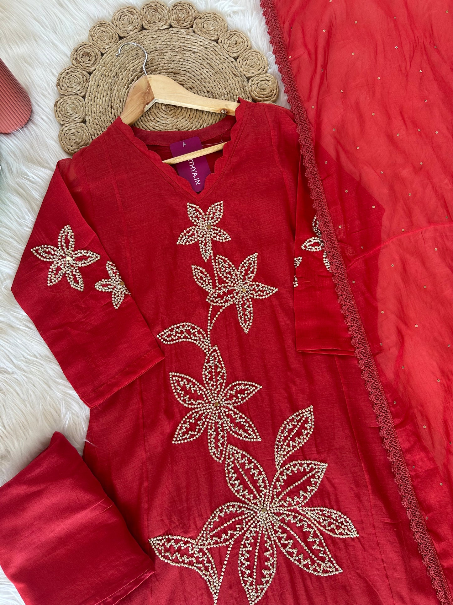K382 - Mul Chanderi handwork Aline Kurti with pants and dupatta