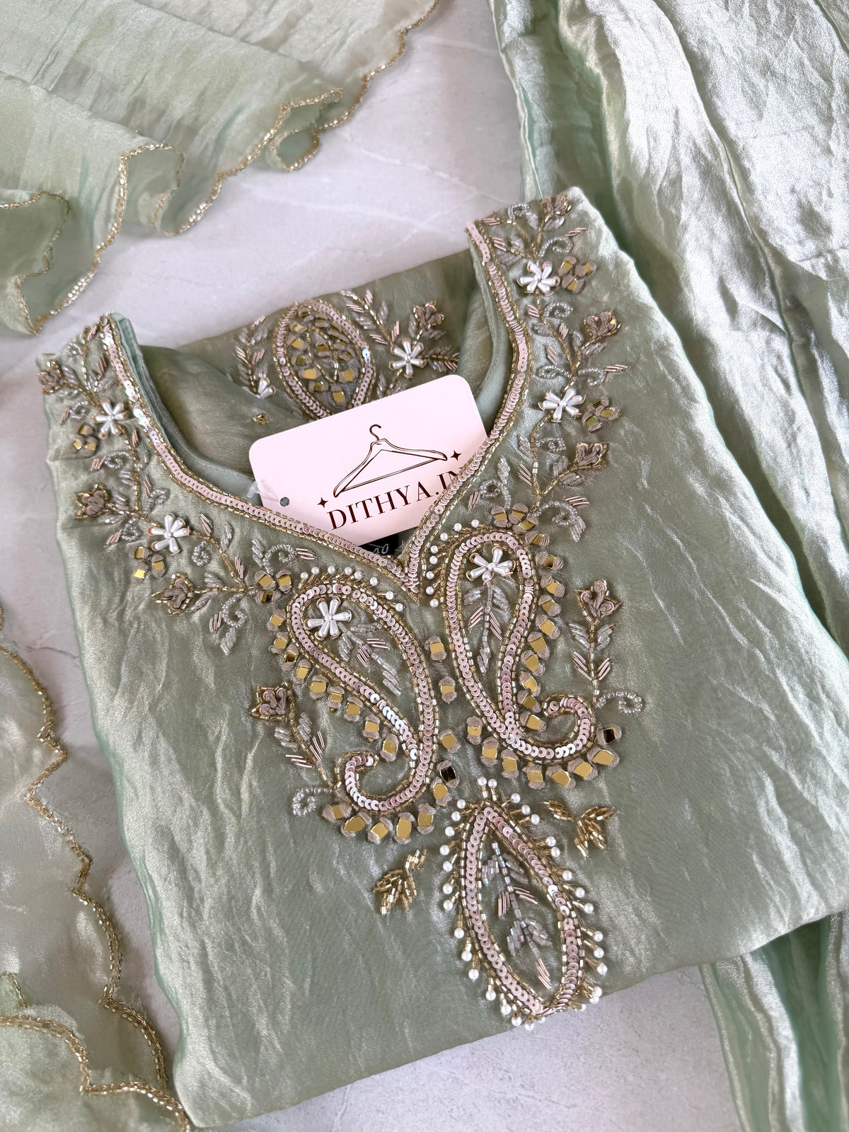 K494 - Tissue silk handwork short Kurti with divider pants and dupatta