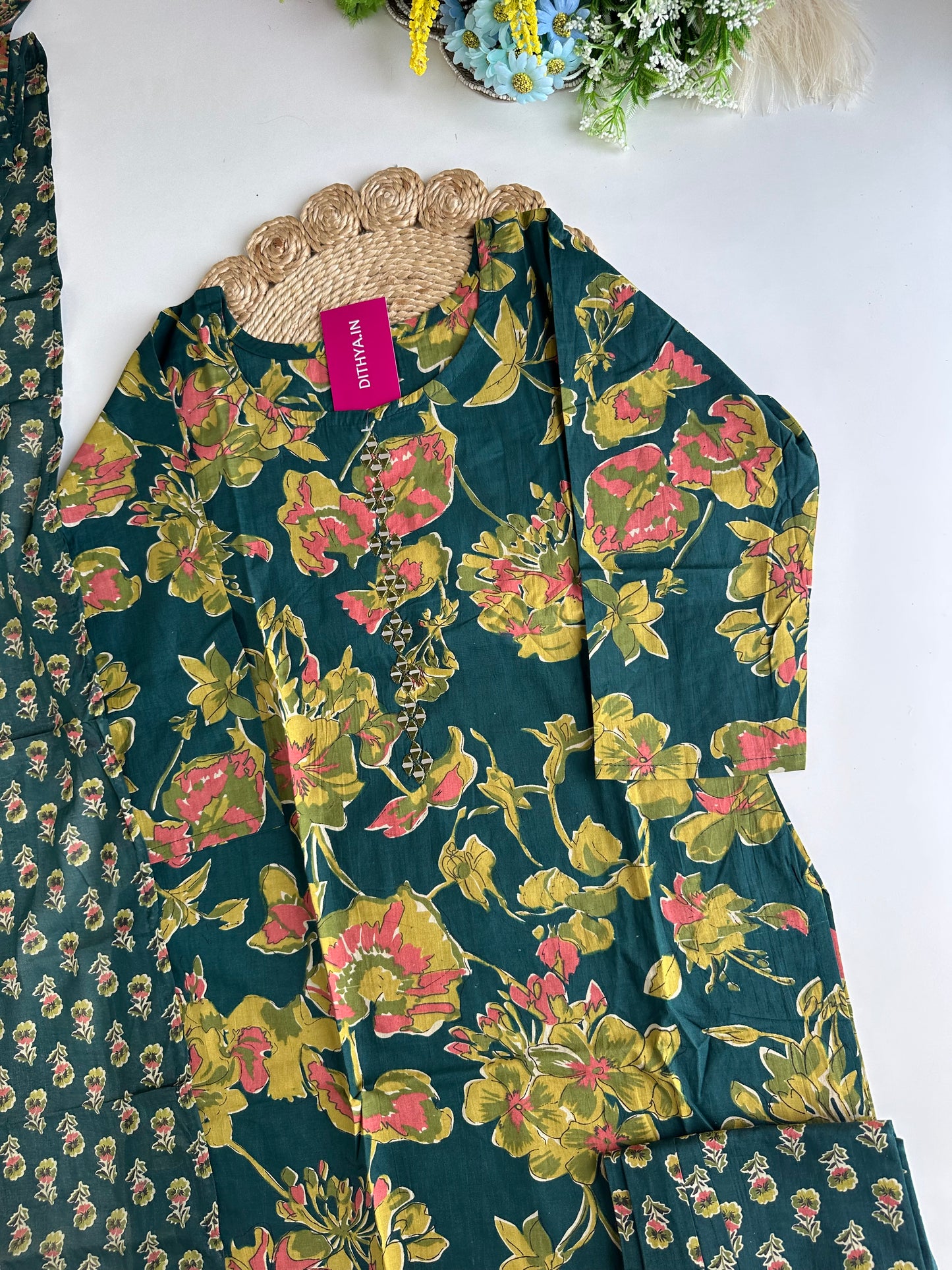 K071 - Cotton floral straight Kurti with pants and dupatta in 4 colours