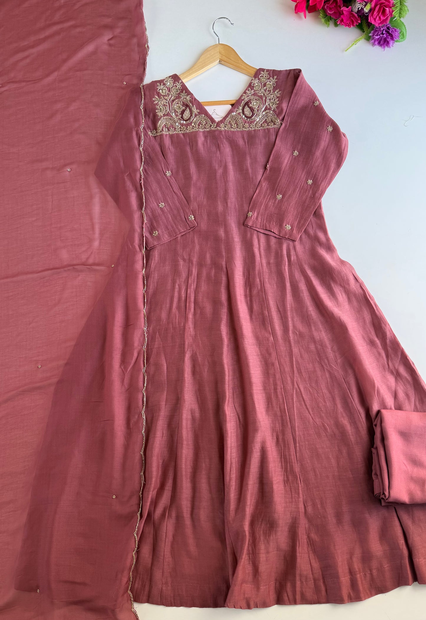 K617 - Pure Mul chanderi zardosi work Anarkali with pants and dupatta