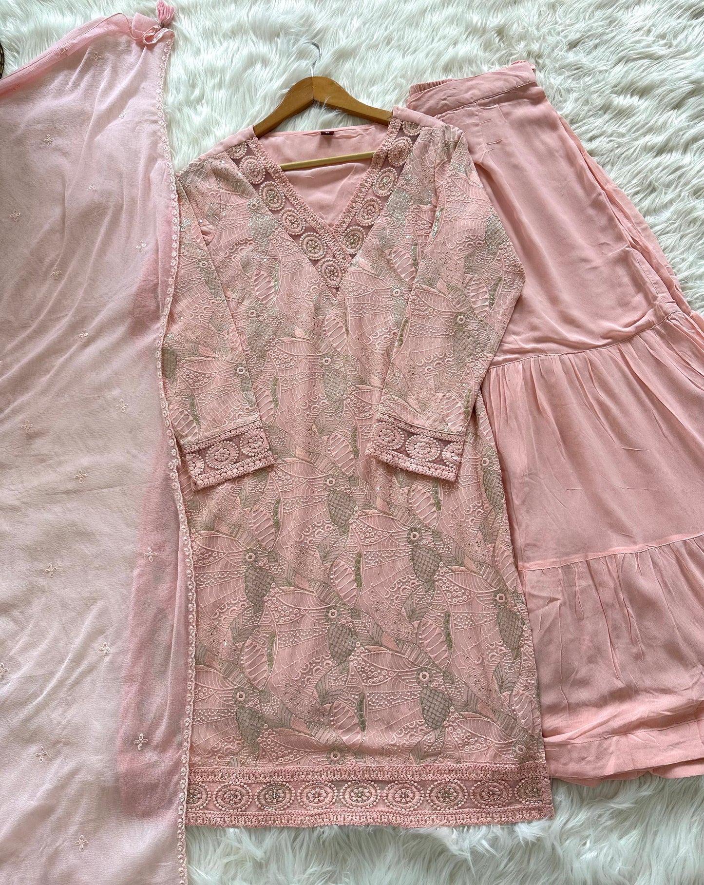 K146 - Chikankari Kurti with sharara and chiffon dupatta
