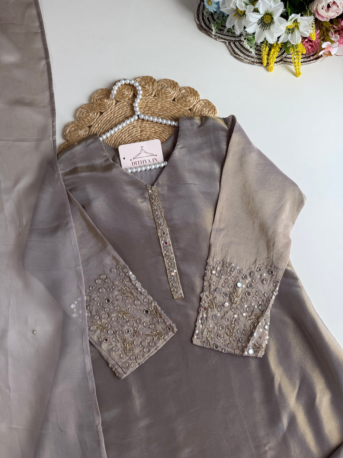 K121 - Tissue silk mirror work Anarkali with pants and dupatta