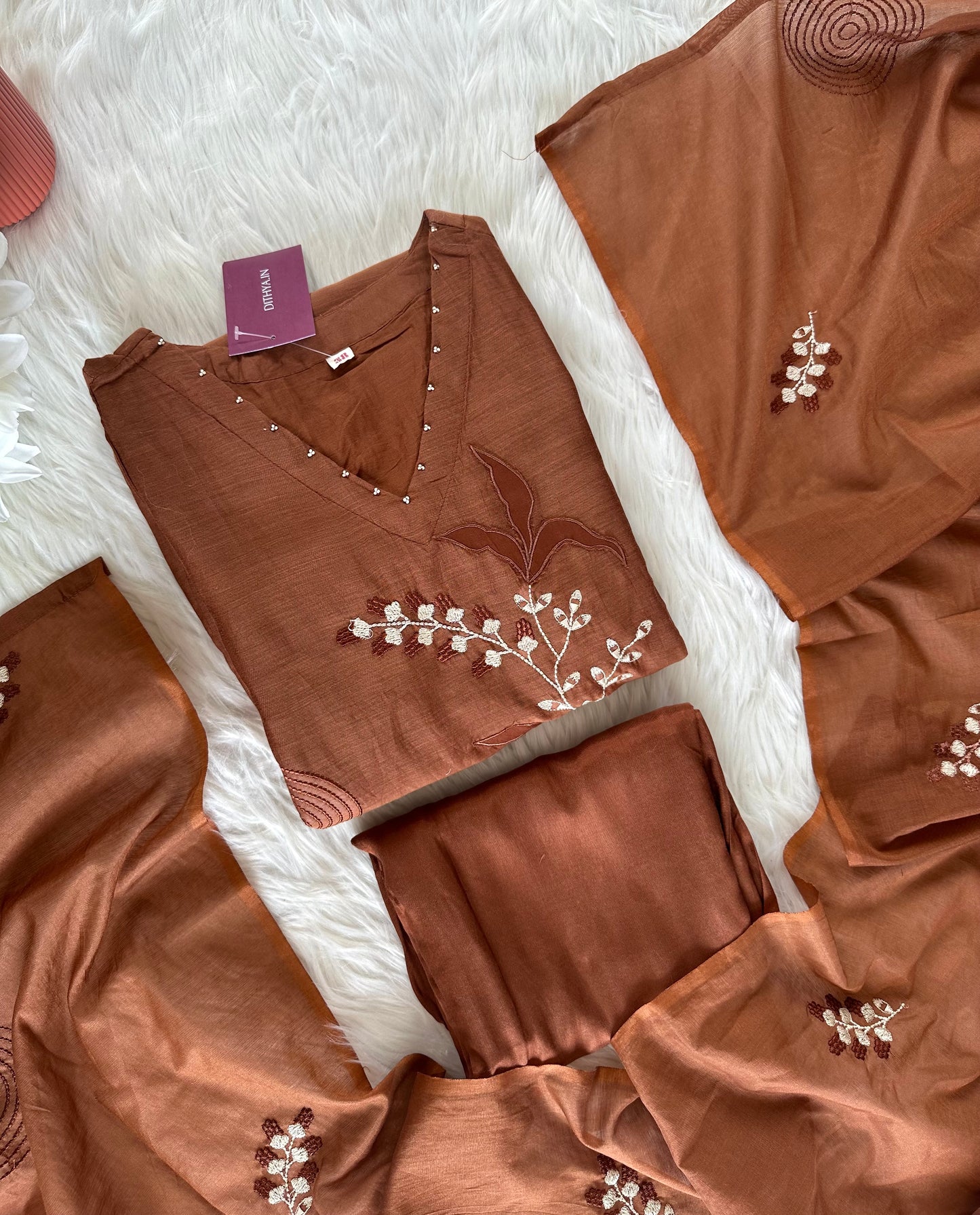 K210 - Mul Chanderi appliqué work Anarkali with pants and dupatta in 2 colours