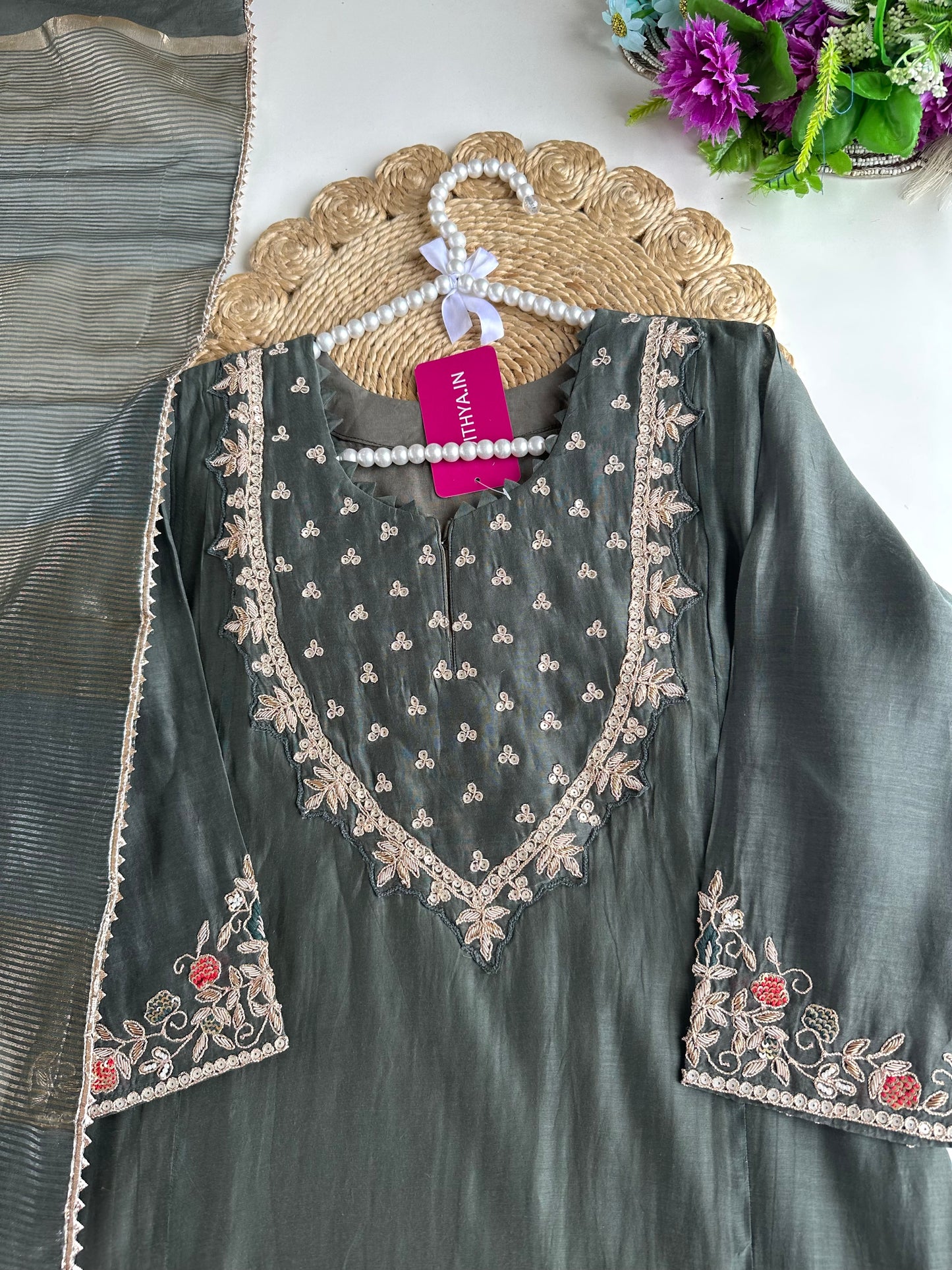 K072 - Mul Chanderi handwork Aline Kurti with pants and dupatta