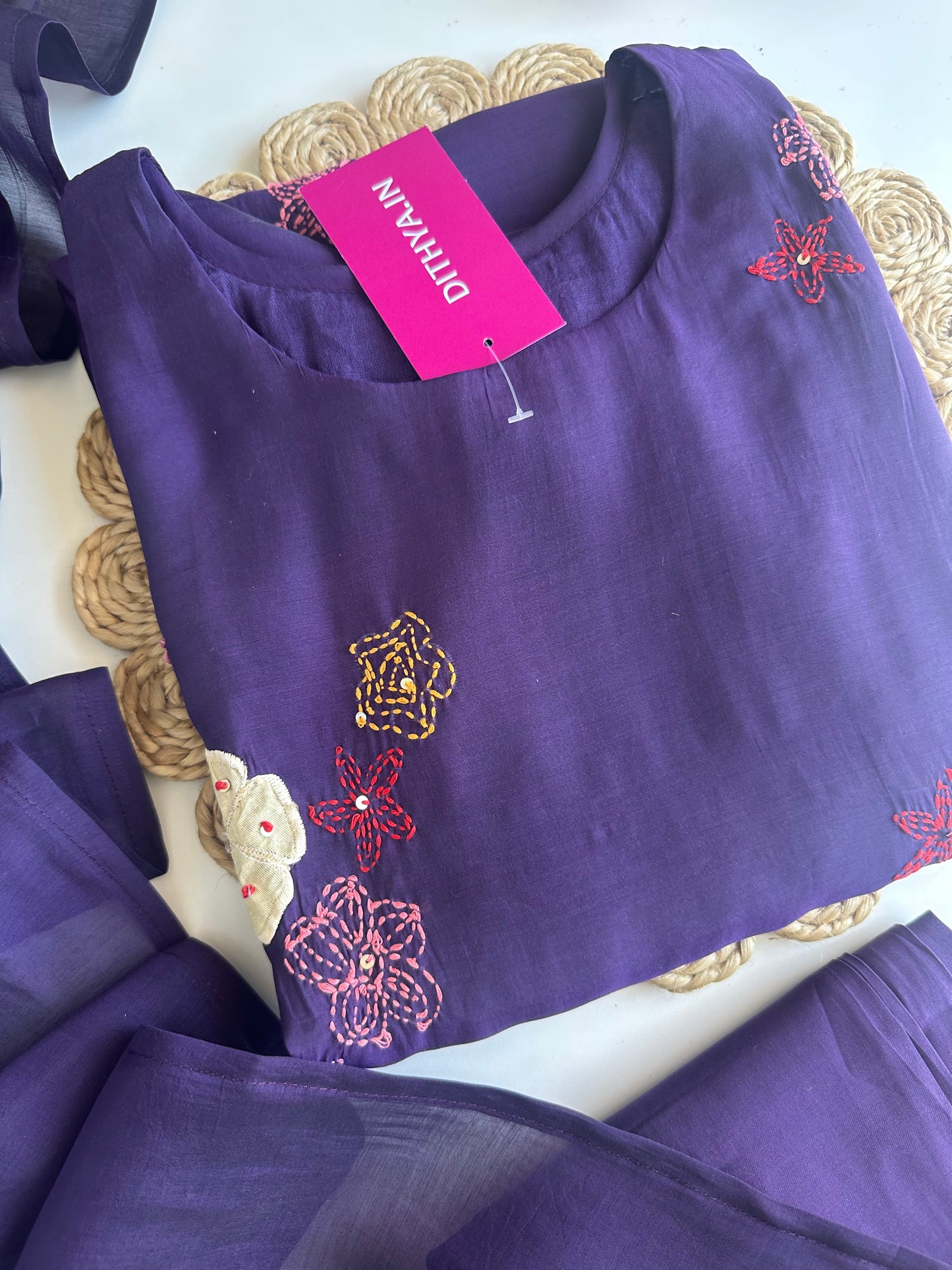 K092 - Mul Chanderi appliqué work Aline Kurti with pants and dupatta
