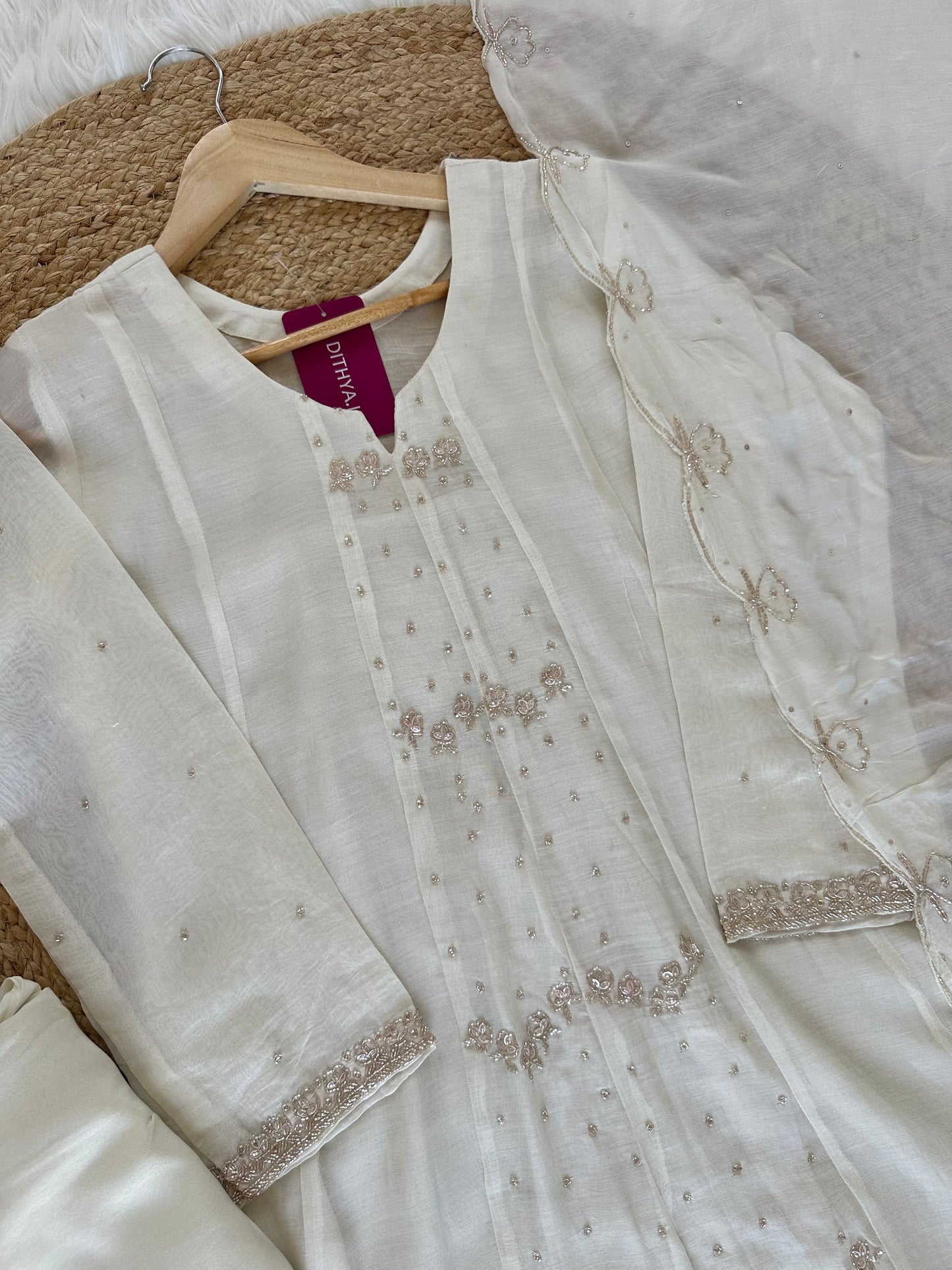 K211 - Mul Chanderi zardosi work Aline Kurti with pants and dupatta