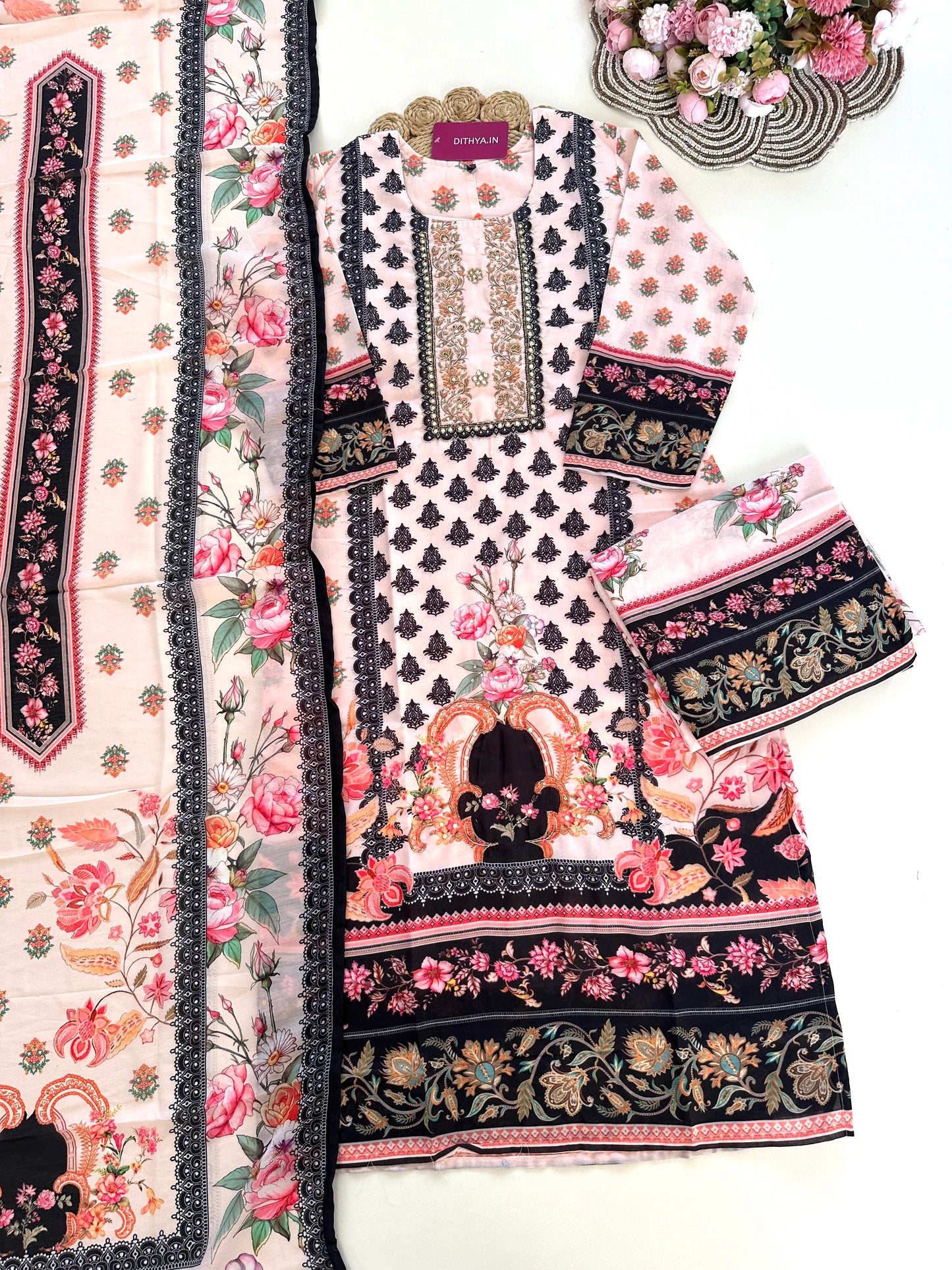 K404 - Cotton Handwork straight Kurti with pants and dupatta