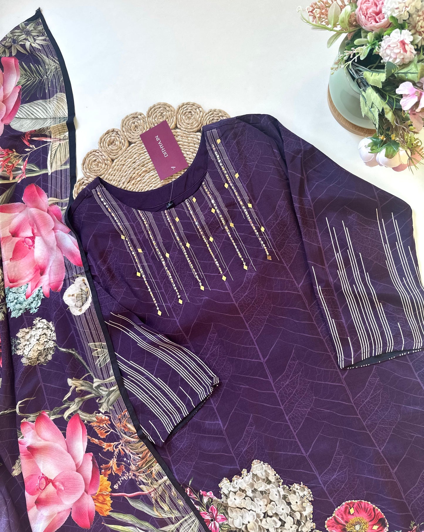 K431 - Crape floral straight Kurti with pants and dupatta