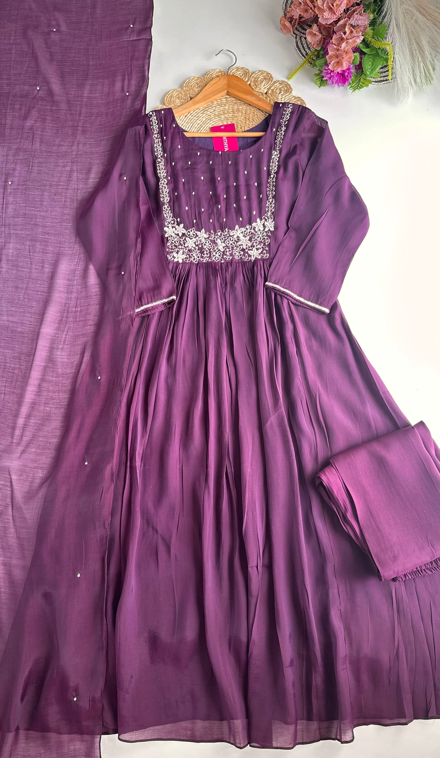 K007 - Mul Chanderi handwork Aline Kurti with pants and dupatta in 2 colours