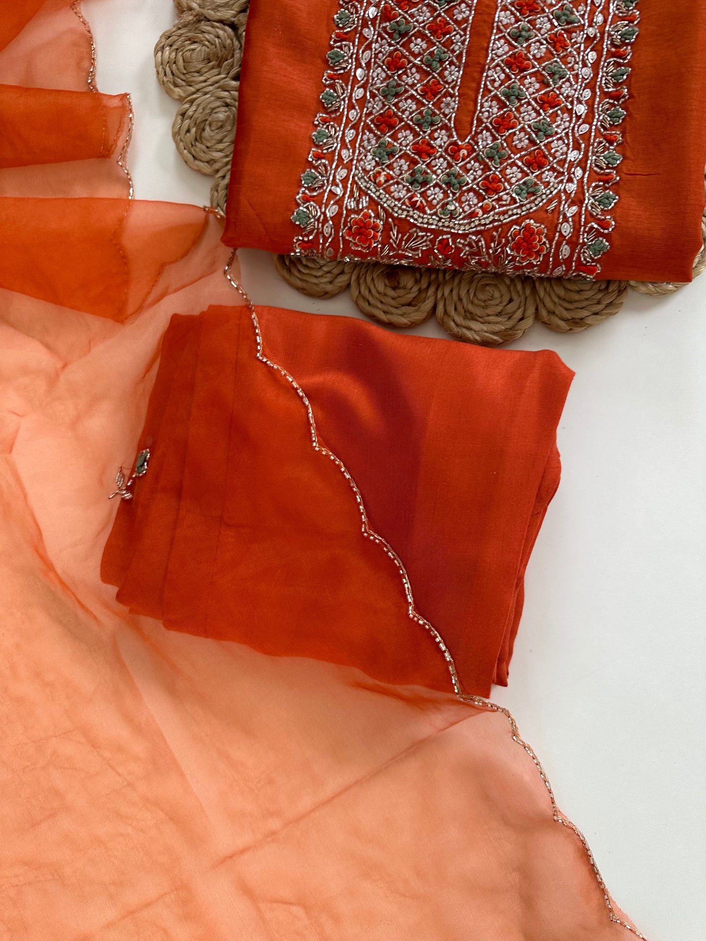 K231-Dola silk handwork straight Kurti with pants and dupatta in 2 colours