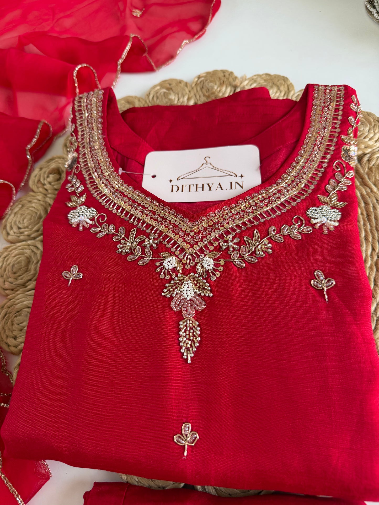 K552 - Russian silk handwork straight Kurti with pants and dupatta
