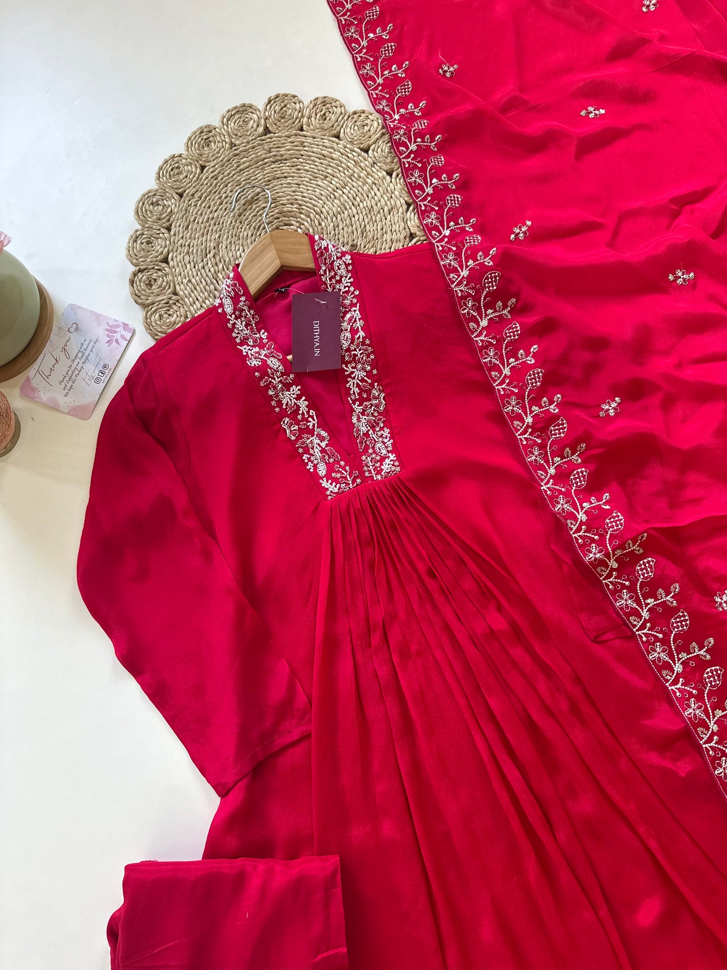 K103 - Pure chinnon Handwork Aline Kurti with pants and dupatta .