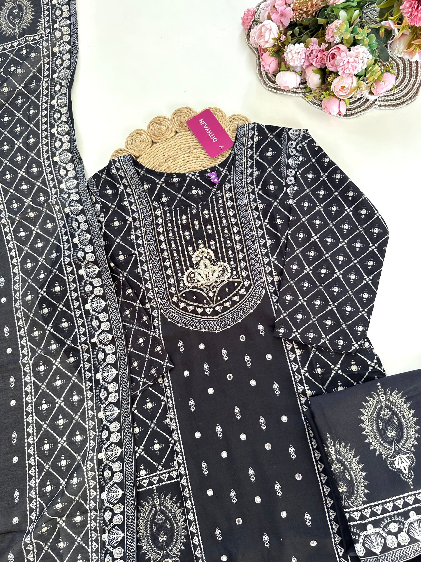 K264 - Cotton Handwork straight Kurti with pants and dupatta