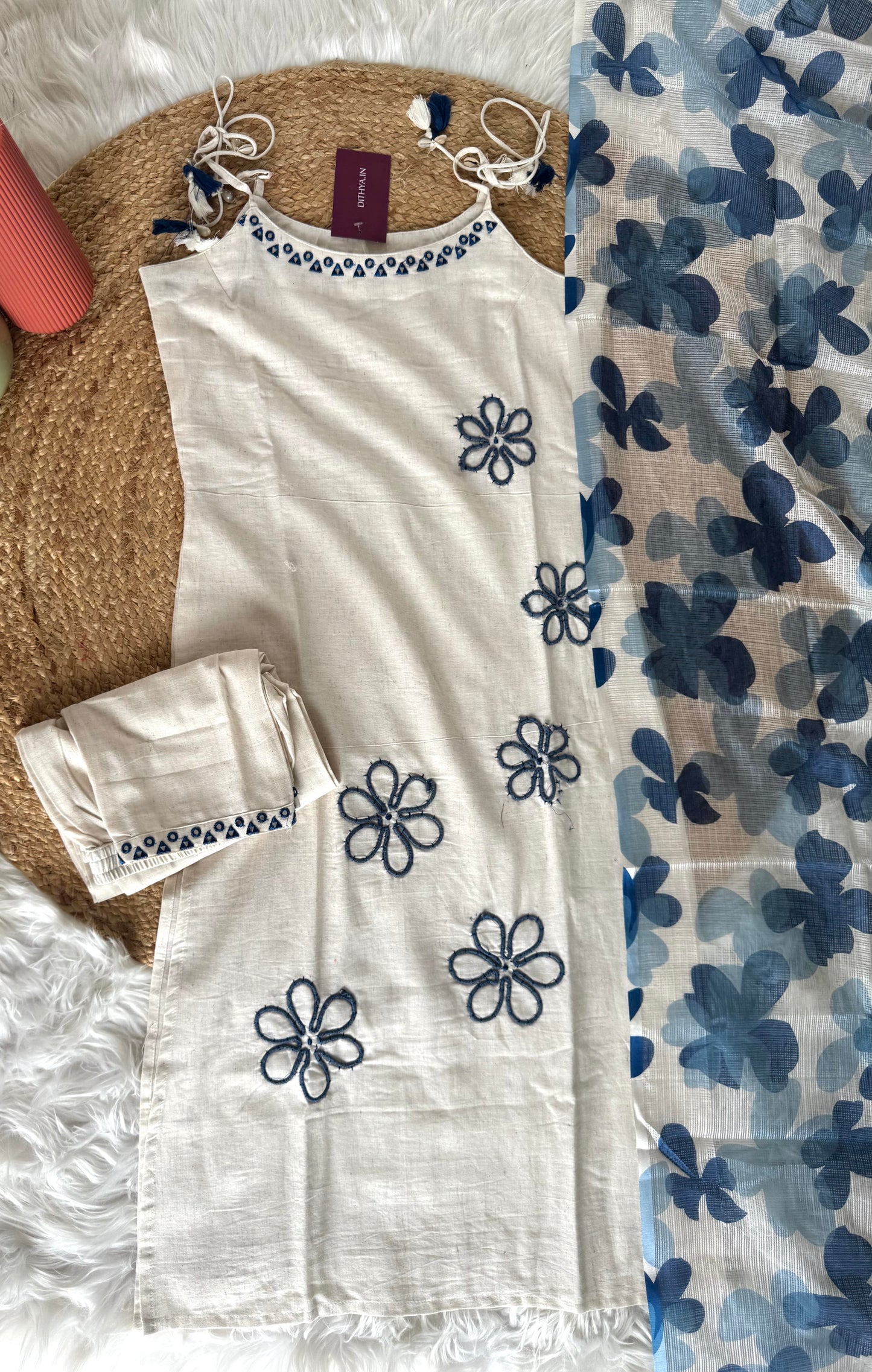 K088 - Cotton embroidered strap Kurti with pants and dupatta in 3 designs