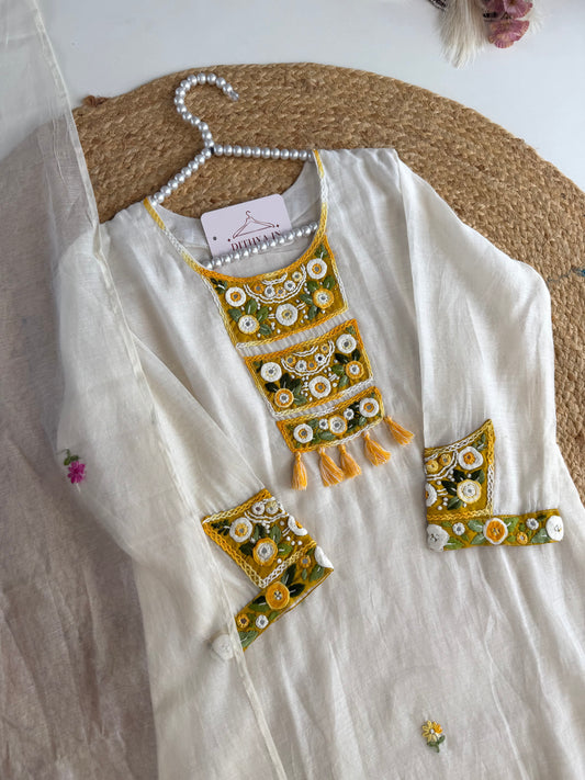 K504 - Mul chanderi embroidered straight Kurti with pants and dupatta
