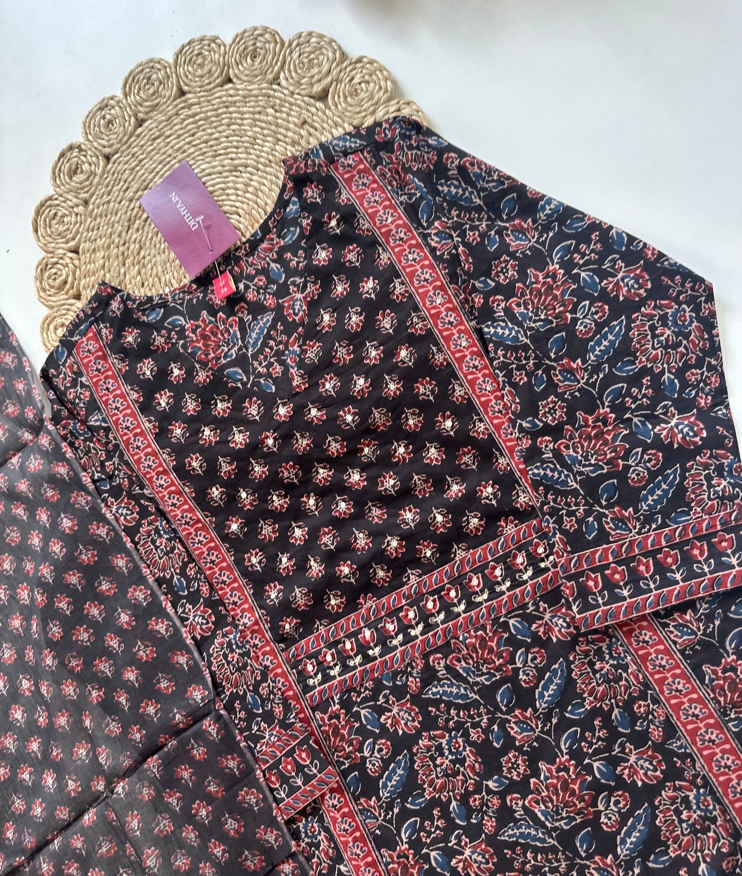 K015 - Cotton printed straight kurti with pants and dupatta.