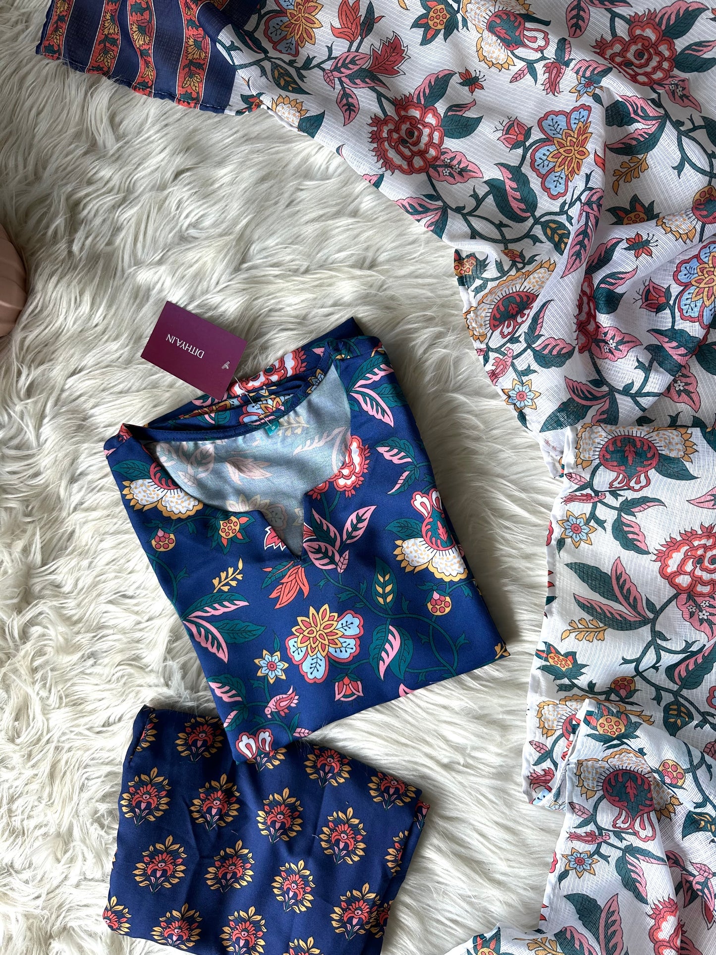 K258 - Rayon cotton Floral straight Kurti with pants and dupatta