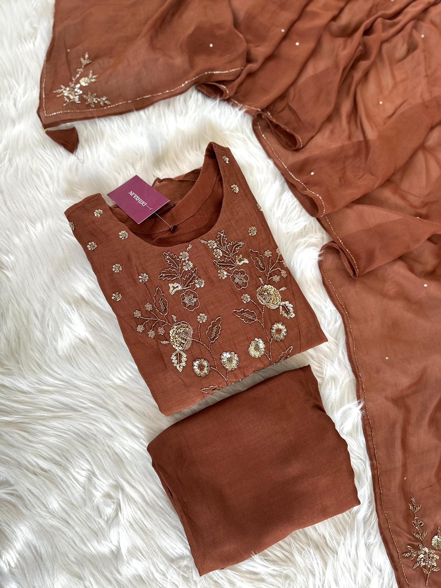 K223 - Mul Chanderi hand work Aline Kurti with pants and dupatta