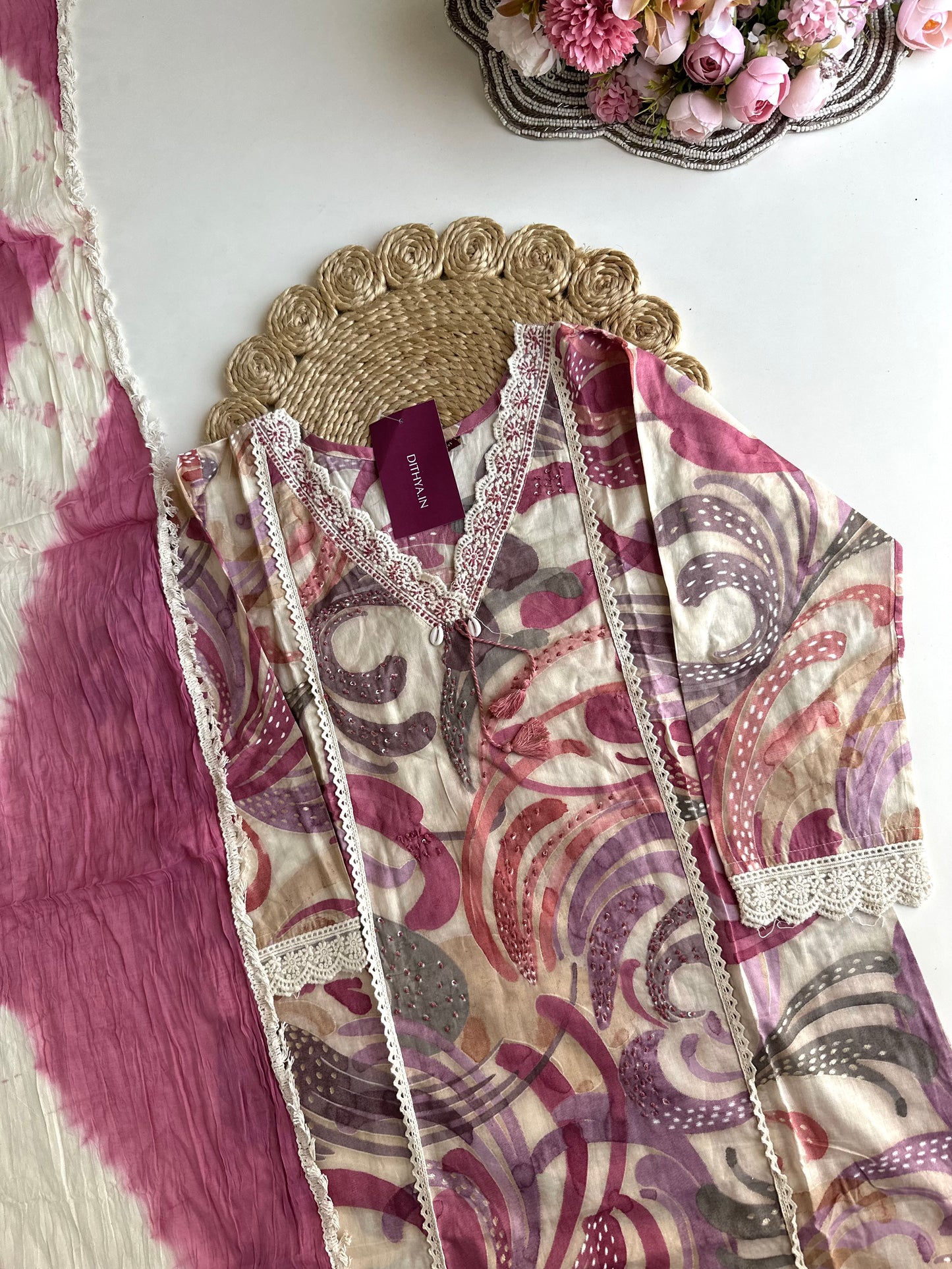 K030 - Cotton embroidered straight Kurti with pants and dupatta