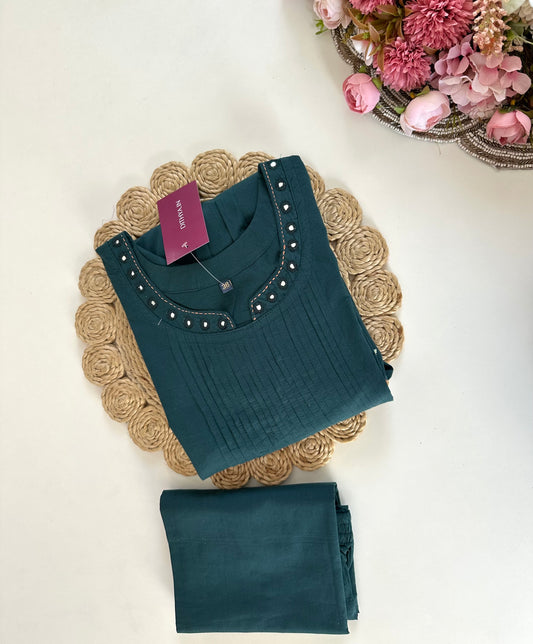 K268 - Cotton pleated embroidered Aline Kurti with pants
