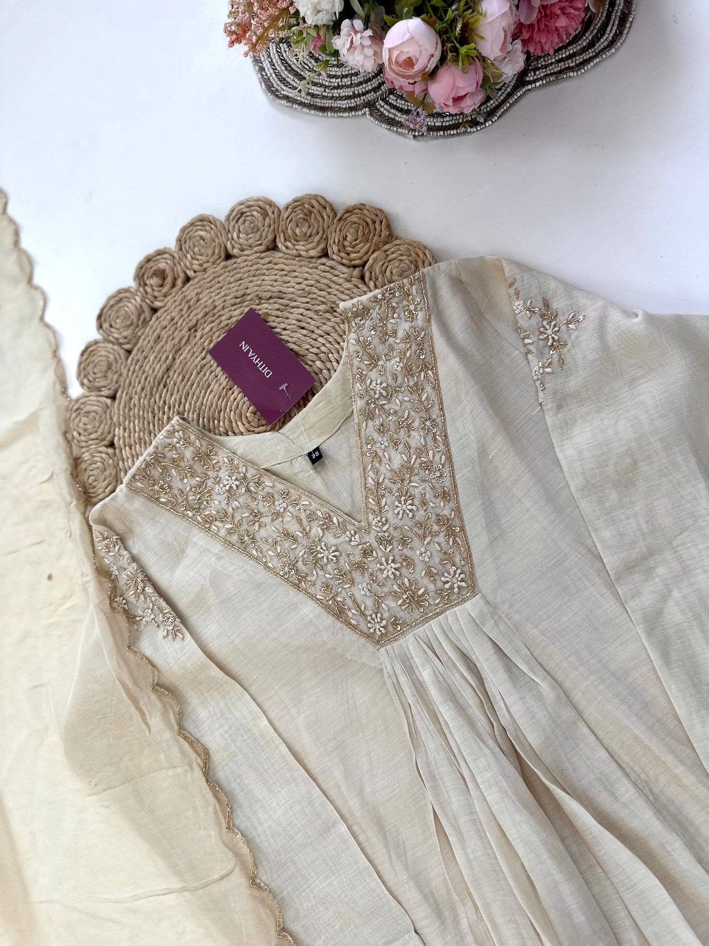 K191 - Mul Chanderi handwork Aline Kurti with pants and dupatta in 3 colours
