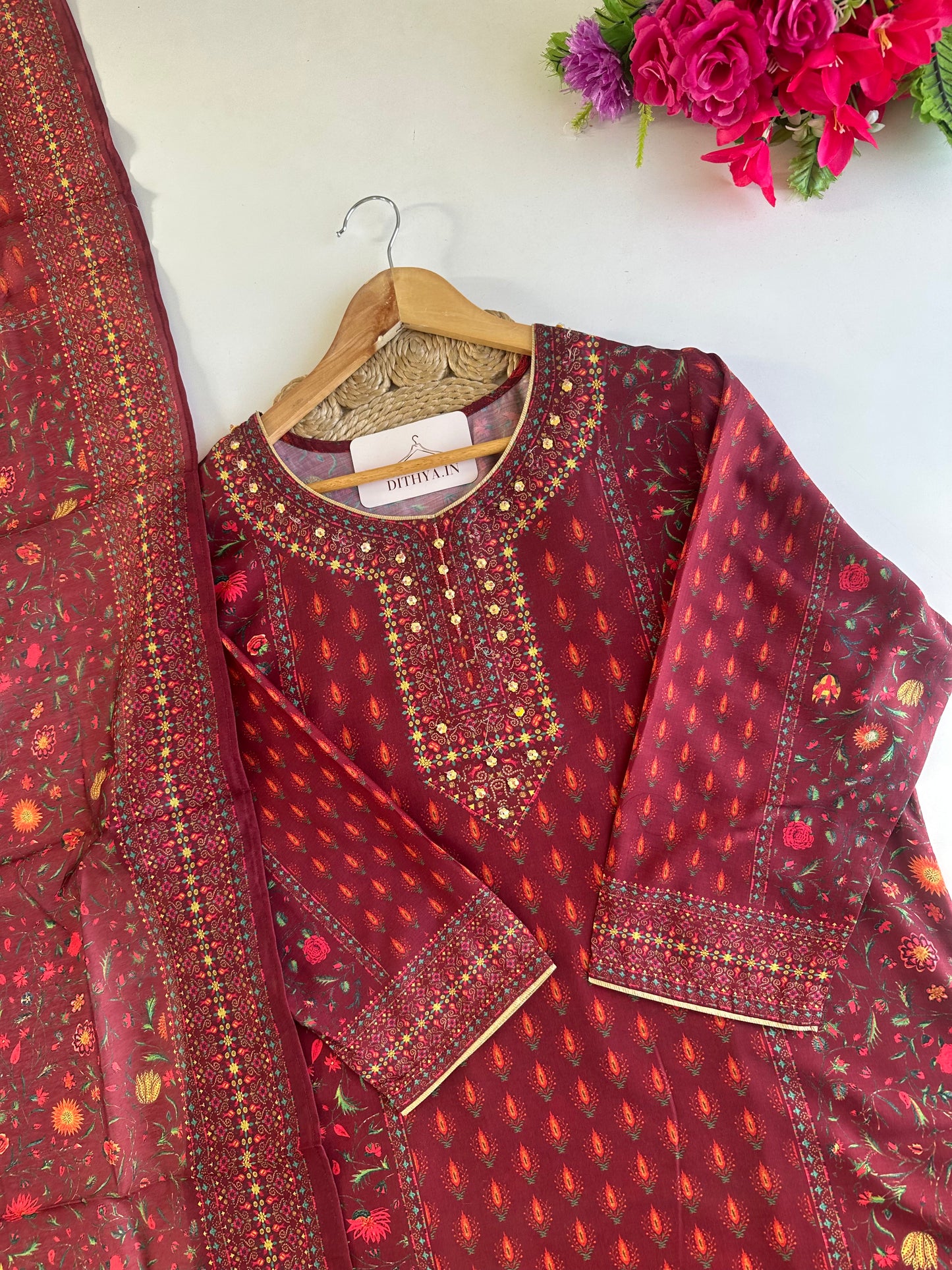 D531 - Muslin Straight Kurti with Pants and Dupatta - view 3