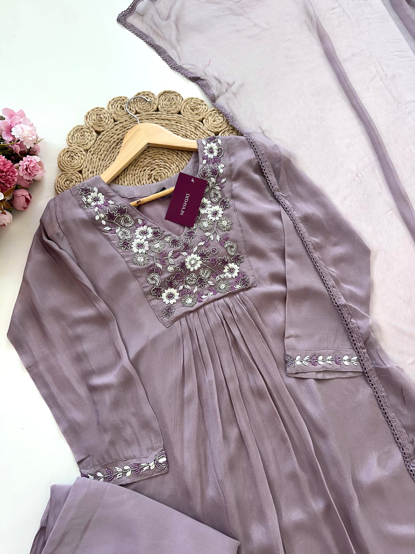 K232 - Chinnon handwork Aline Kurti with palazzo and dupatta