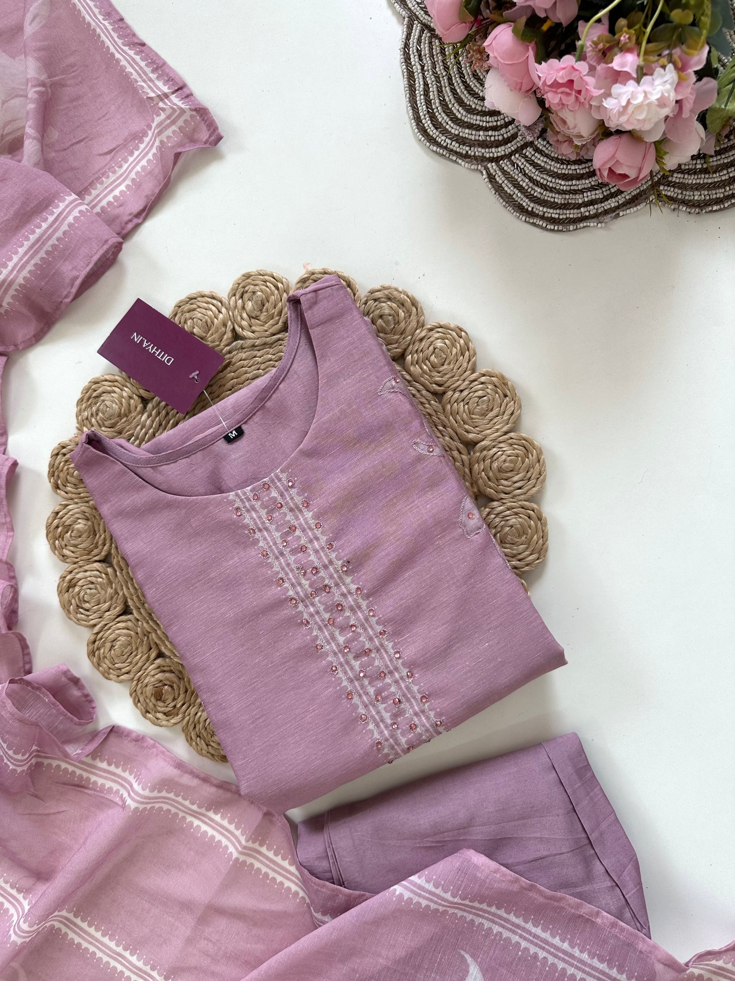 K213 - Linen cotton handwork straight Kurti with pants and dupatta
