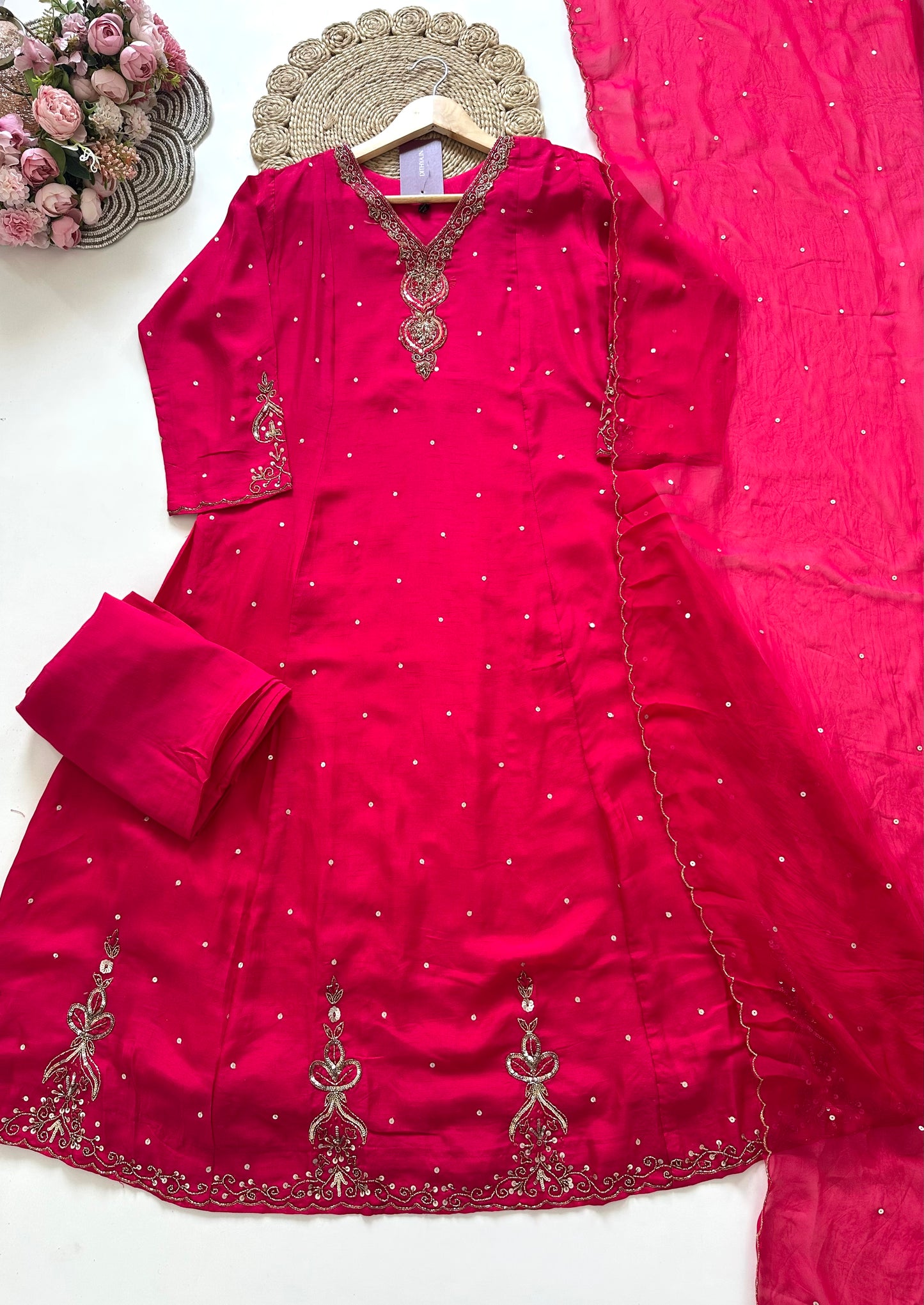 K212 - Russian silk handwork Anarkali with pants and dupatta