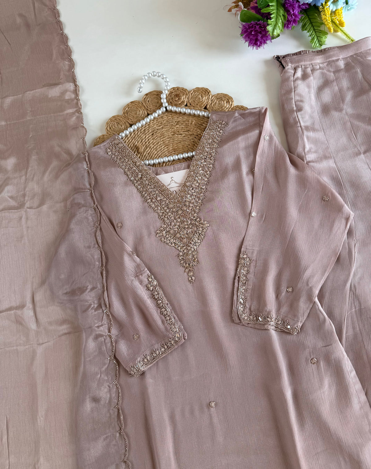 K514 - Pure Chinnon handwork short Kurti with divider pants and dupatta