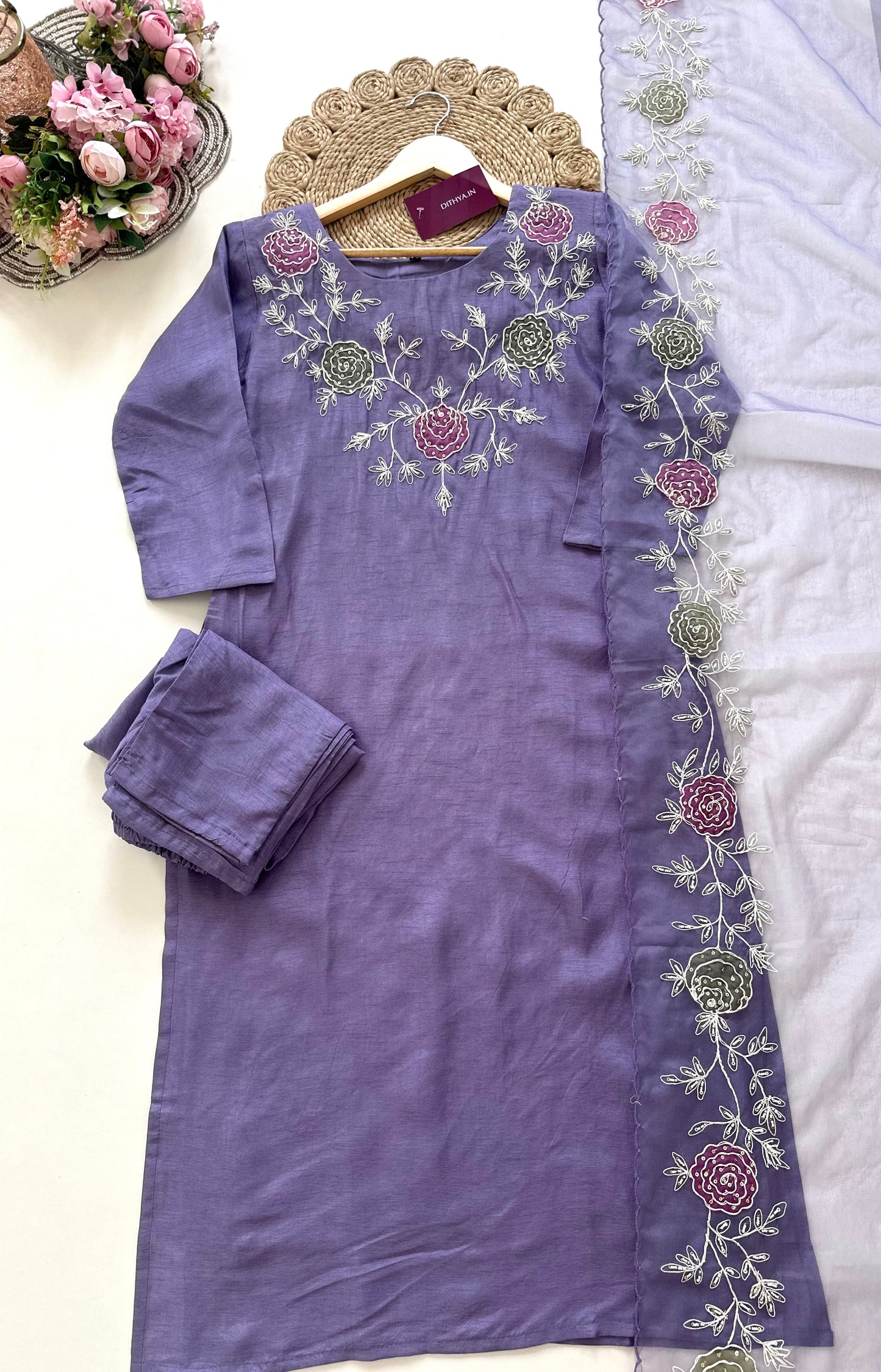 K077 - Handwork Russian silk Straight kurti with pants and dupatta .