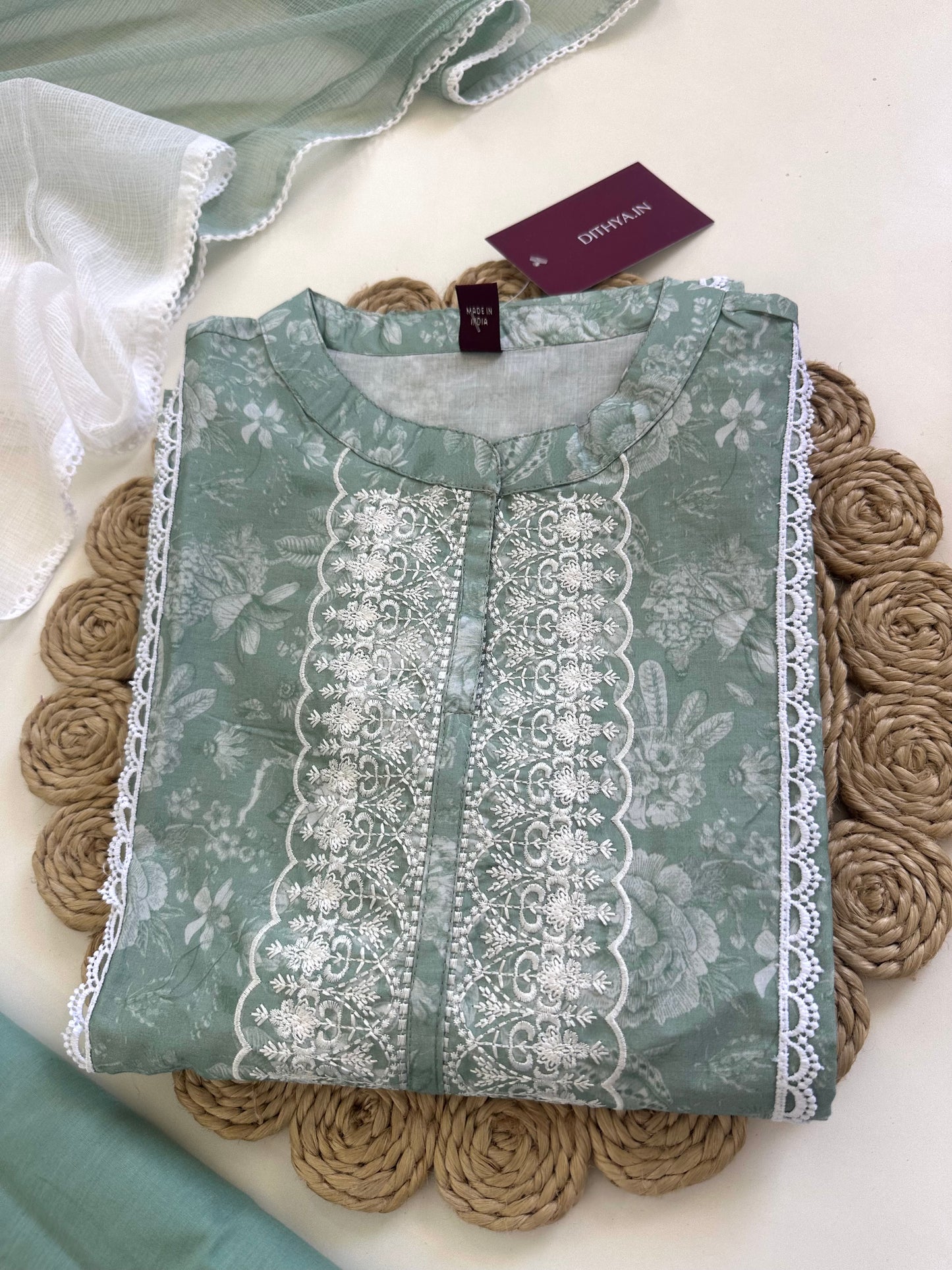 K269 - Rayon embroidered paki straight kurti with palazzo and dupatta in 2 colours