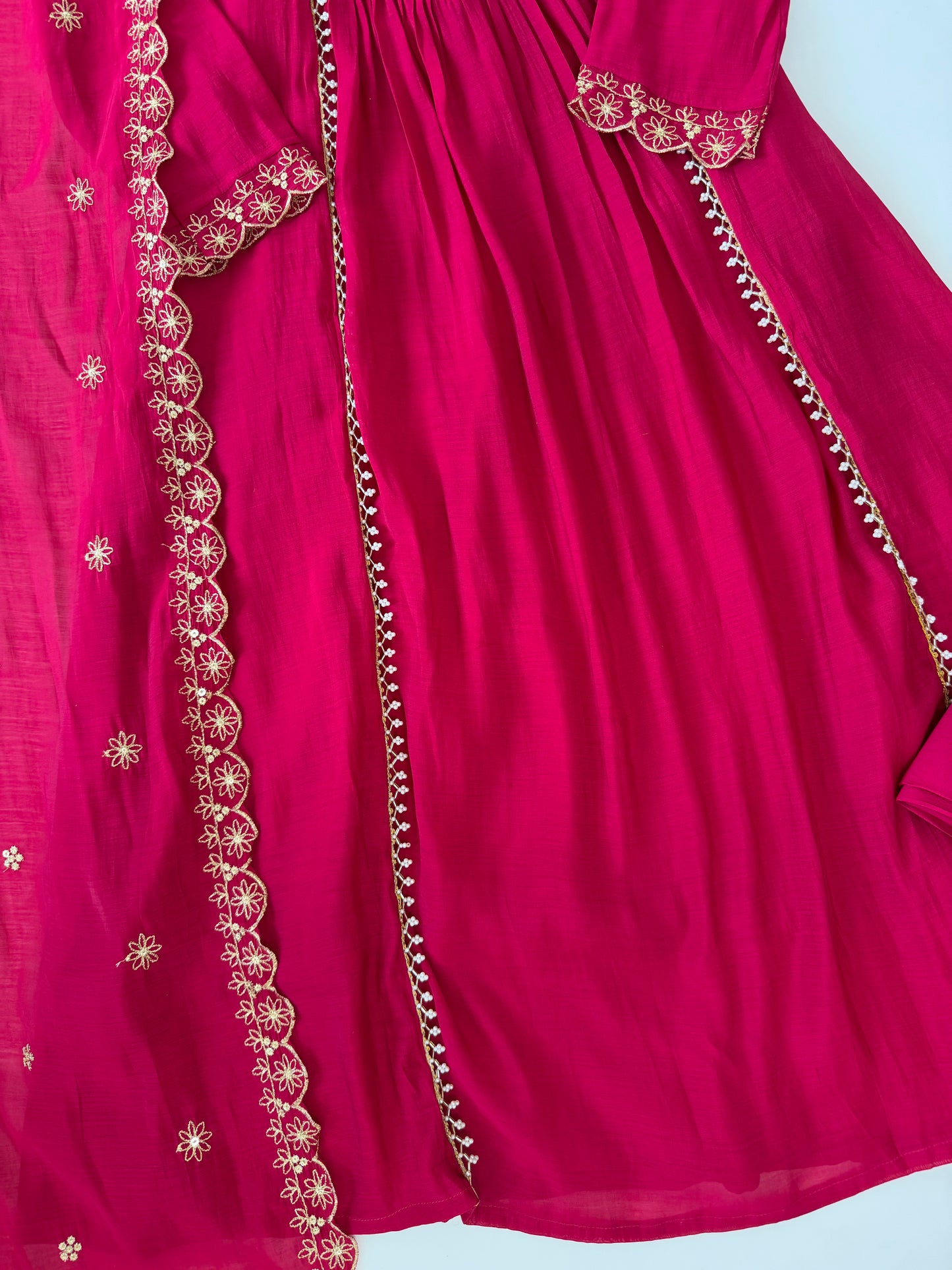K535 - Mul chanderi handwork Aline Kurti with pants and dupatta