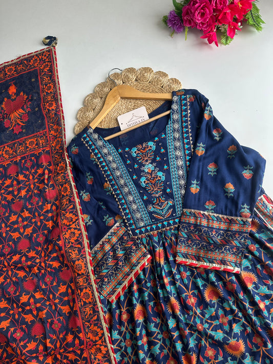 D605-Cotton Anarkali with pants and dupatta