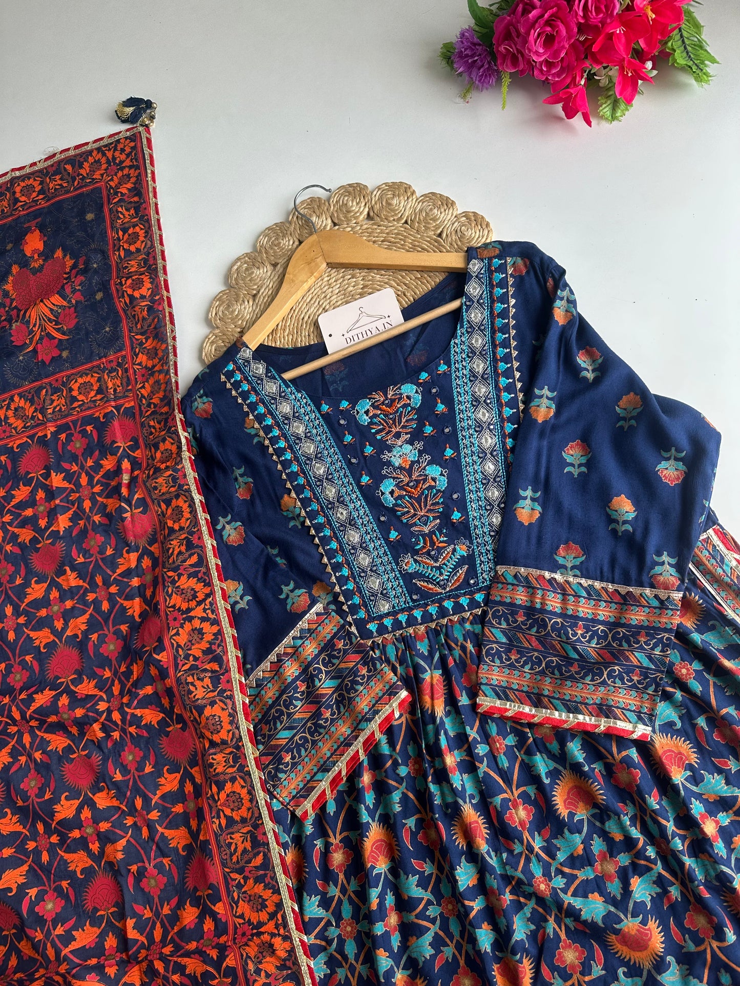 D605-Cotton Anarkali with pants and dupatta