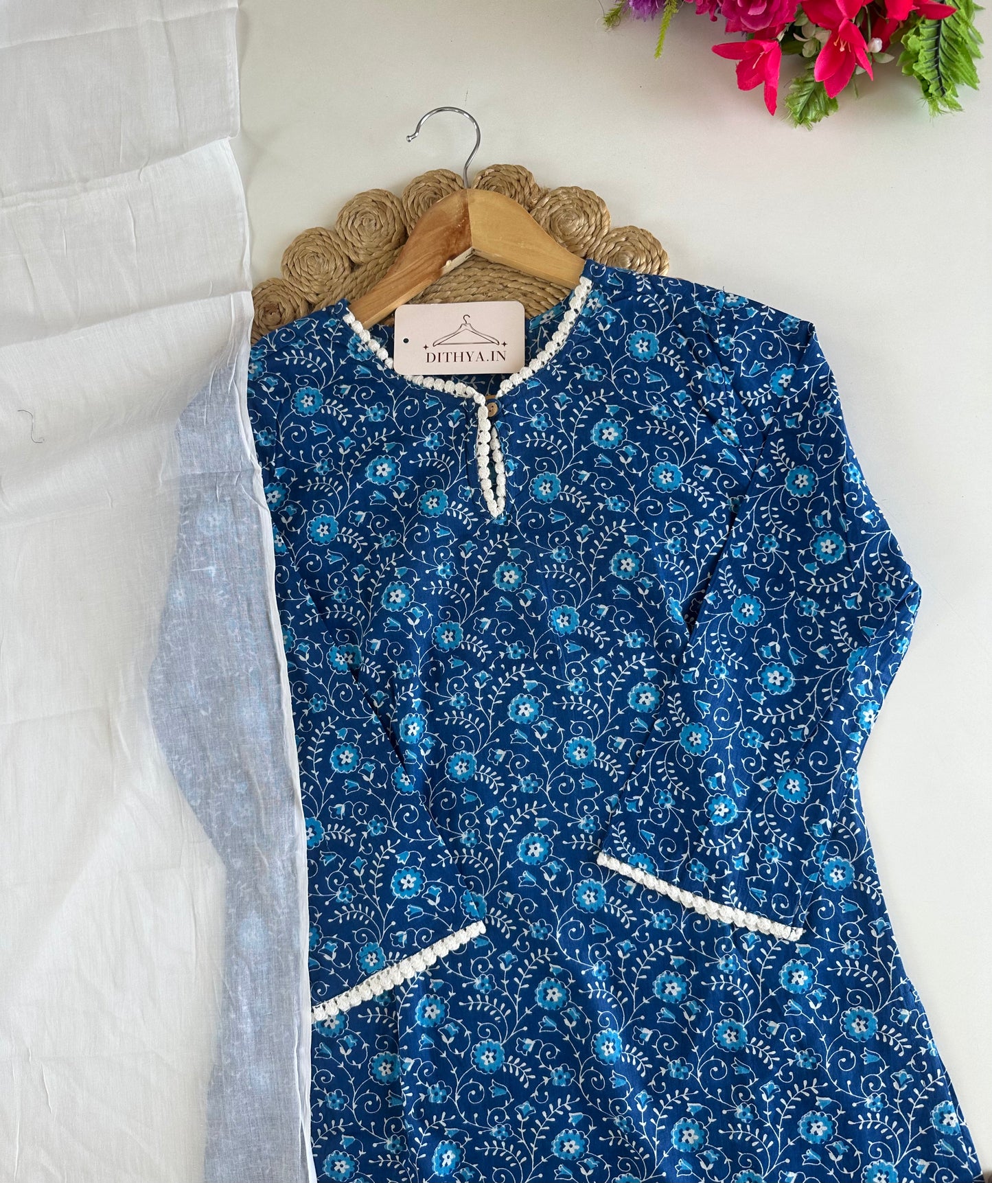 D606-Cotton straight Kurti with pants and dupatta