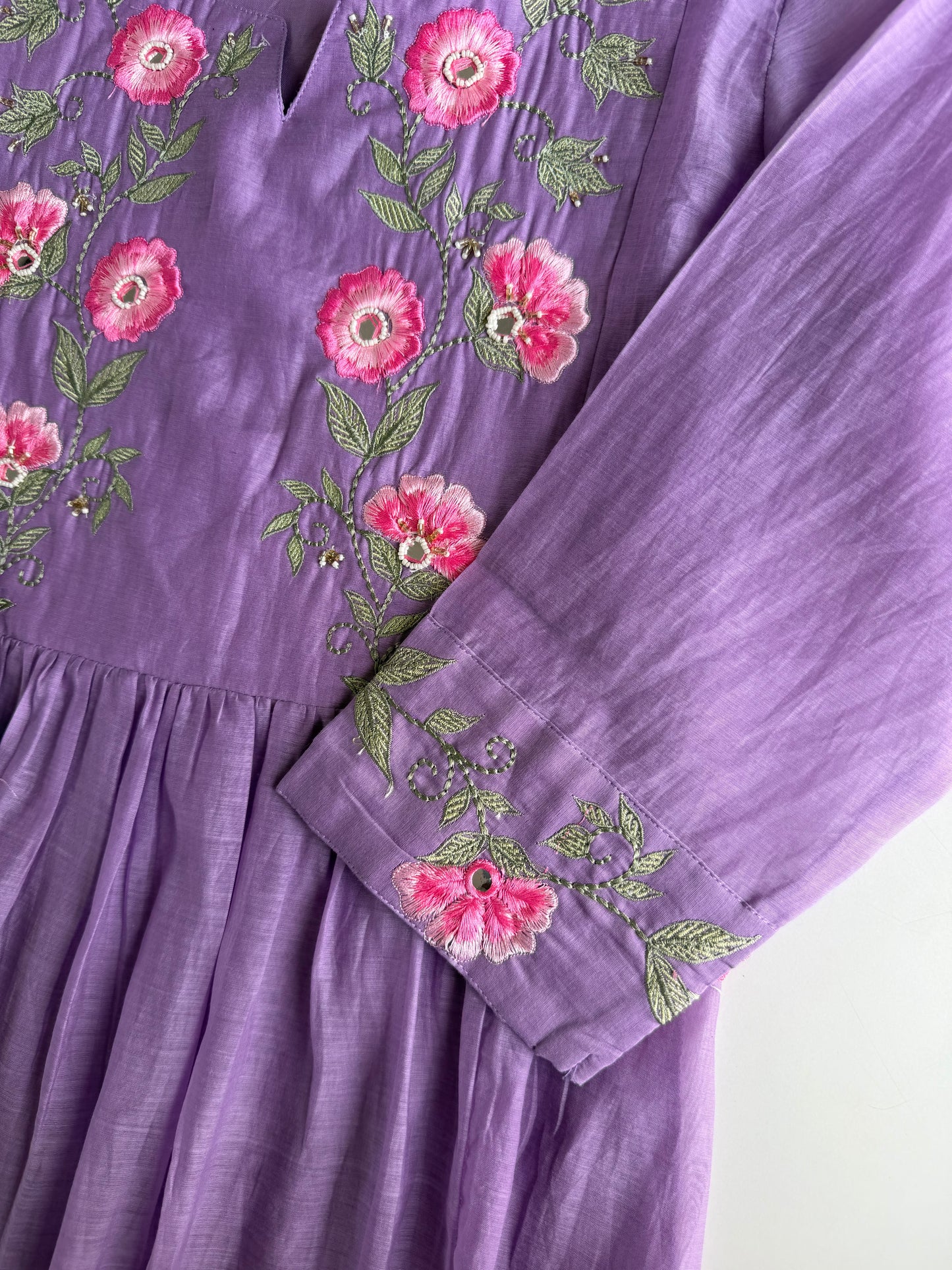 K237 - Mulmul cotton embroidered Anarkali with pants and dupatta in 2 colours