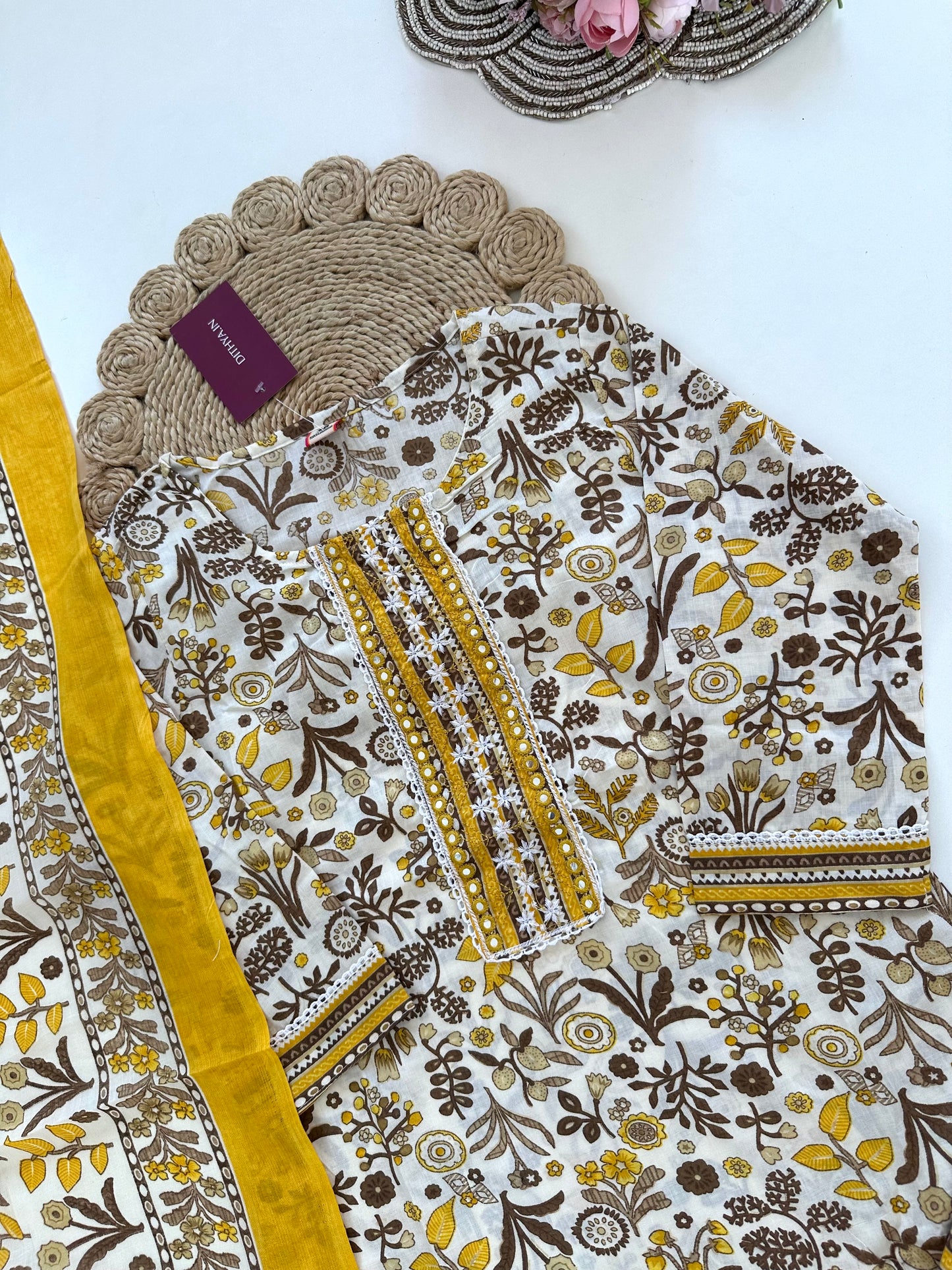 K164 - Cotton printed straight Kurti with pants and dupatta in 3 colours